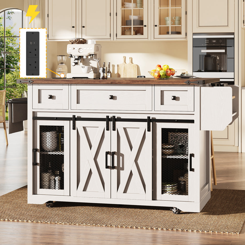 Kitchen island trolley with extendable worktop and power connection, 91cm working height, white/black, load capacity up to 75kg