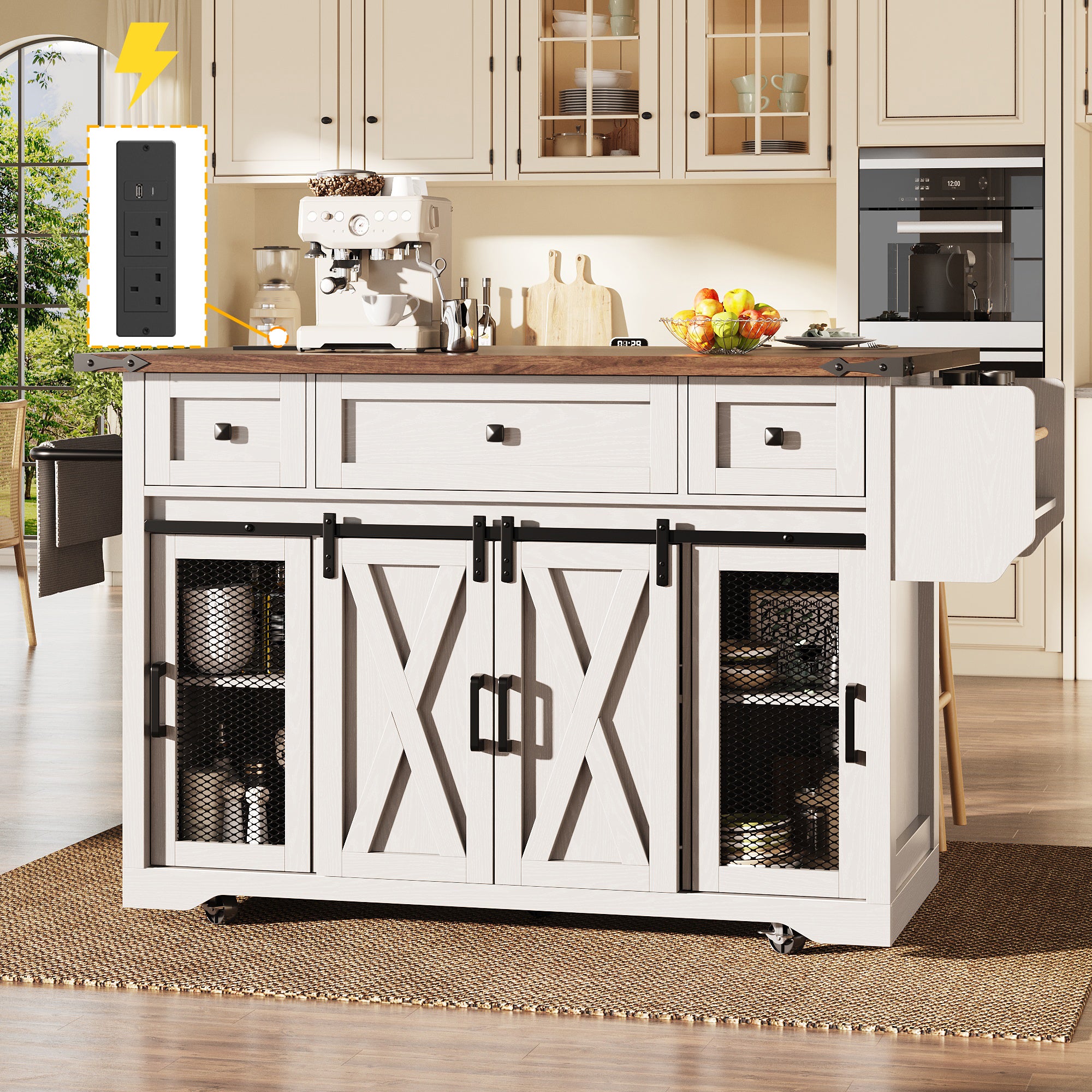 Kitchen island trolley with extendable worktop and power connection, 91cm working height, white/black, load capacity up to 75kg