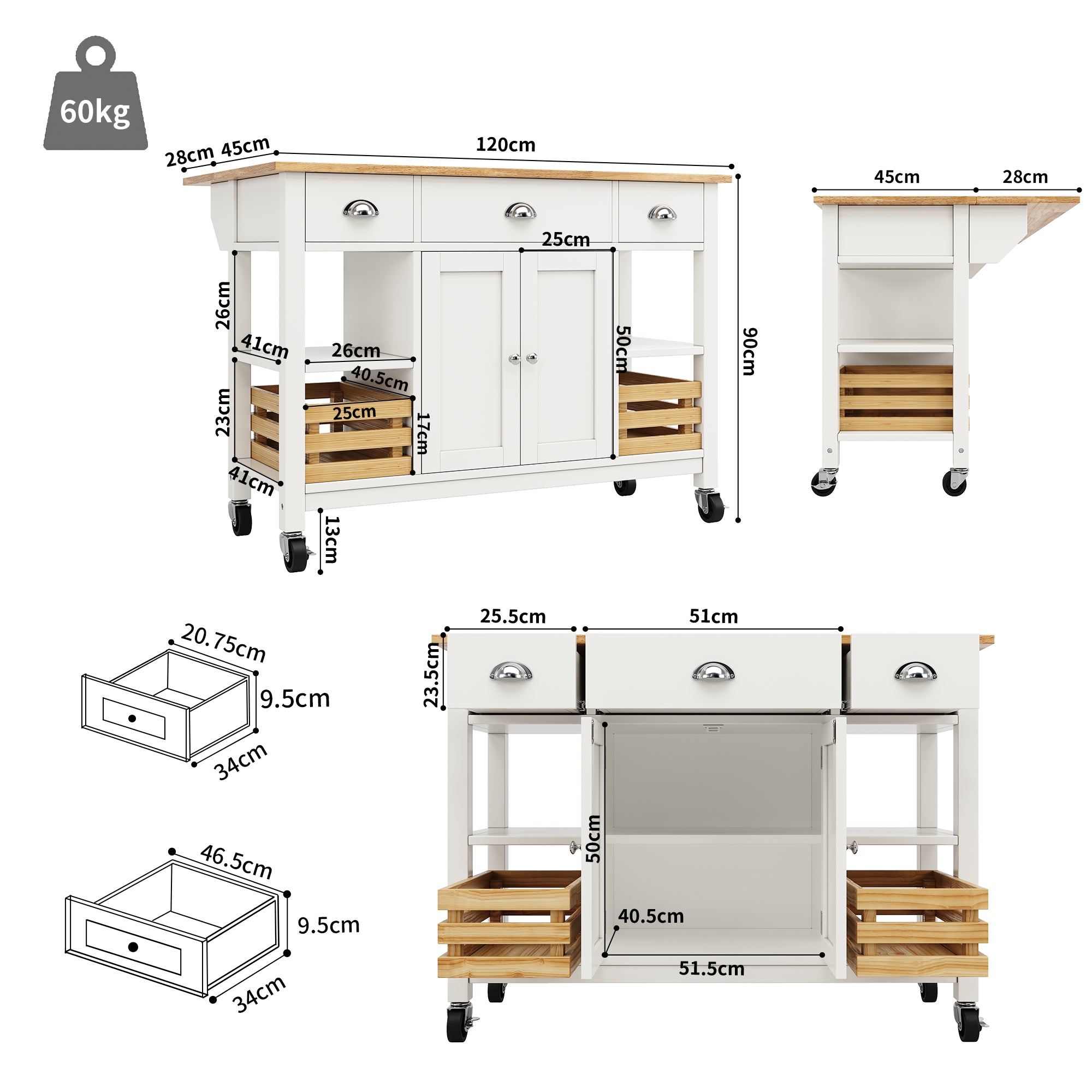 Rolling Kitchen Island Storage Trolley with Large Cabinet, 3 Drawers, Spice Rack, Adjustable Shelf, Dining Room Organiser Sideboard Cupboard Cabinet Cart, White