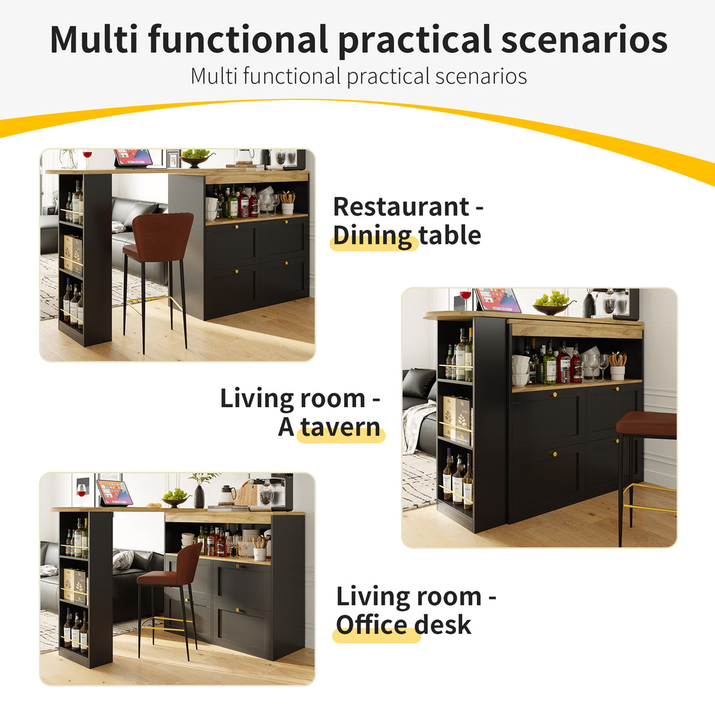 360° Swivelling Bar Table (Main Body 105 x 39 x 102 cm), with 4 Drawers and Open Shelves, Suitable for Dining Room/Study/Living room etc.