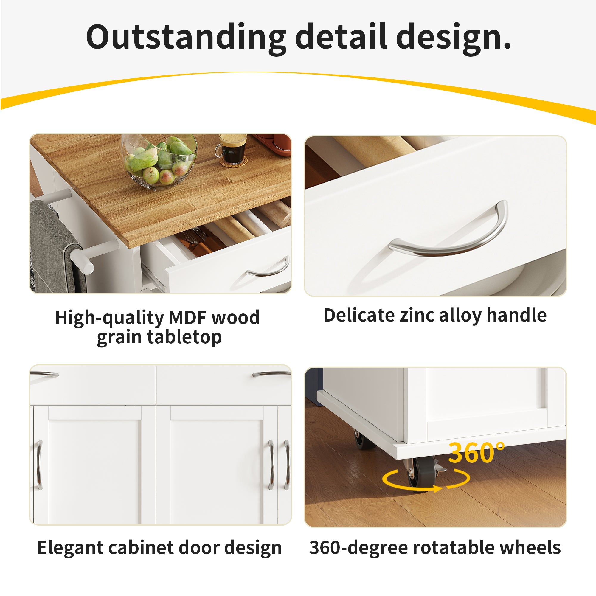 Rolling Kitchen Island Storage Trolley with Large Cabinet, 2 Drawers, Adjustable Shelf, Spice&Towel Rack, Sideboard Cupboard Cabinet Cart, Dining Room Organiser , White