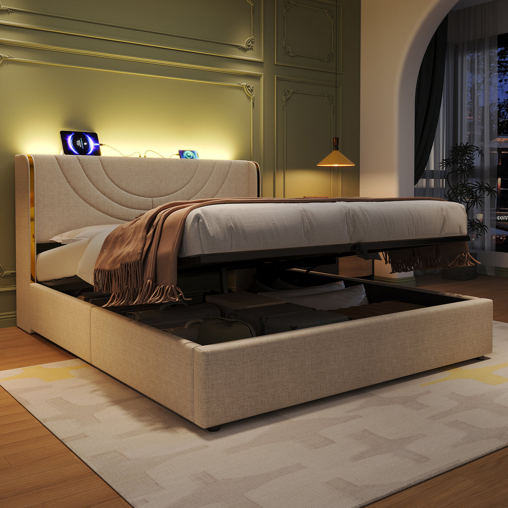 5ft King Upholstered Bed Frame with Hydraulic Storage, LED Headboard with Charging Station and Chrome Trim, USB and Type-C Ports, Linen, No Box Spring Needed, Beige (No Mattress)