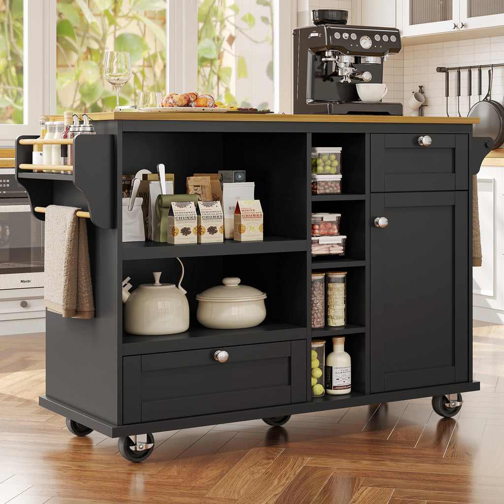 Dining trolley (129 x 46 x 92 cm), modern and simple black mobile kitchen dining trolley with drawers and storage cupboards, light brown wooden worktop, suitable for modern families, black