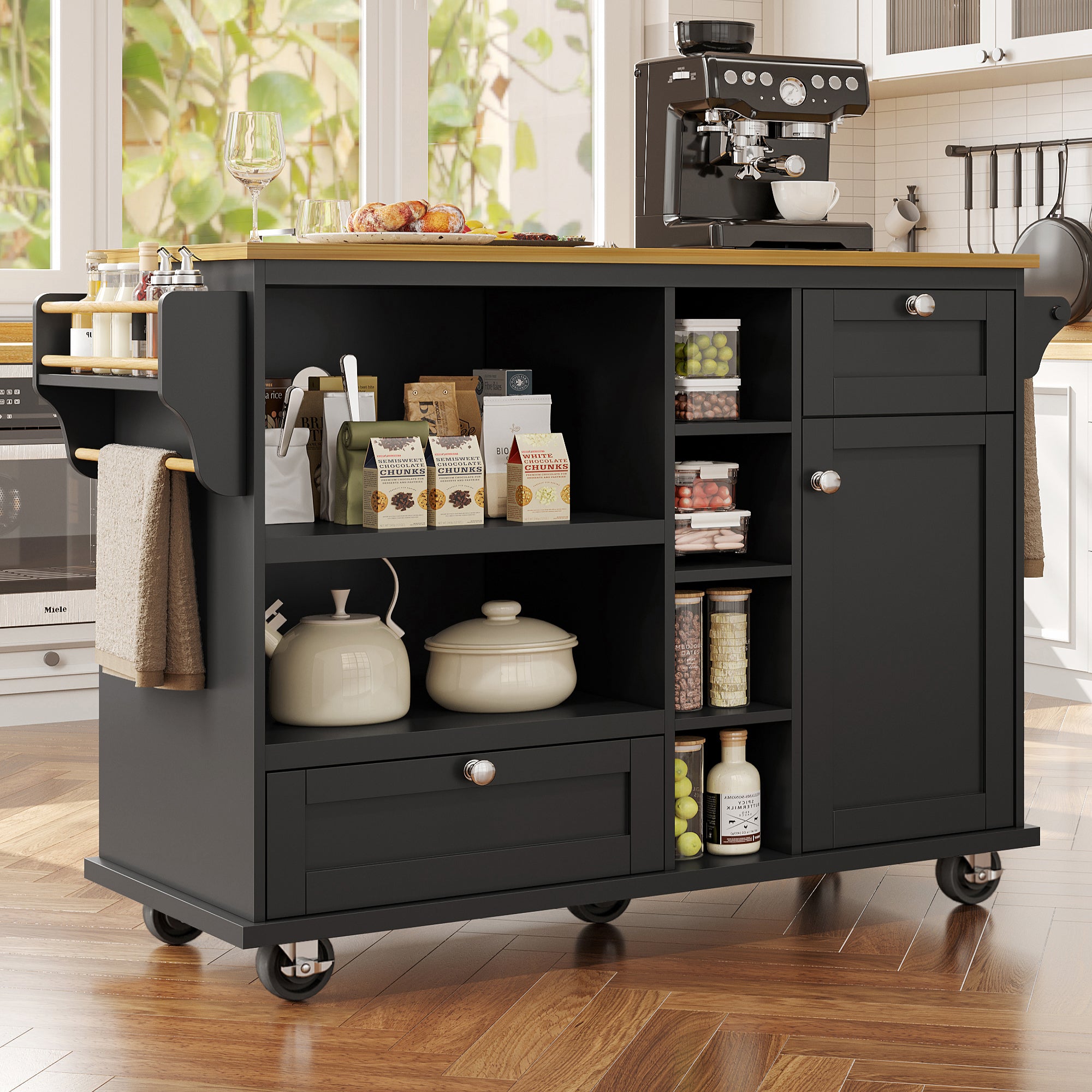 Dining trolley (129 x 46 x 92 cm), modern and simple black mobile kitchen dining trolley with drawers and storage cupboards, light brown wooden worktop, suitable for modern families, black