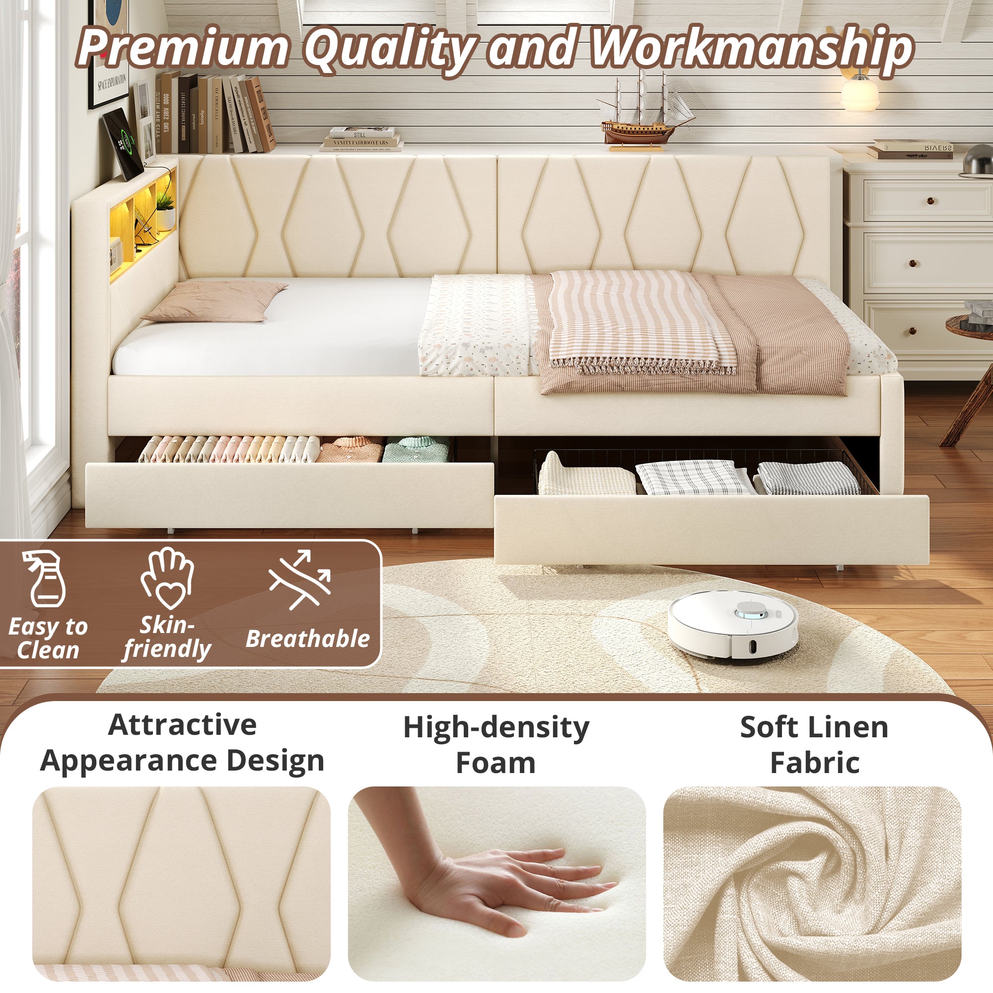 3ft Single Daybed with Two Storage Drawers, LED Modern Bed frame with Charging Station, Linen Sofa Bed for Living Room/ Bedroom/ Study Room, 90X190cm, Easy Assembly, Beige (No Mattress)