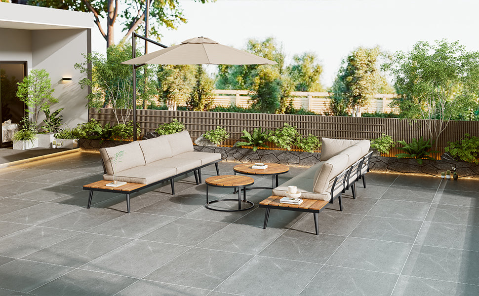 Modular Outdoor Sofa Set with Galvanized Iron Frame, Washable Cushions, Acacia Wood Nesting Tables, for Patio & Garden