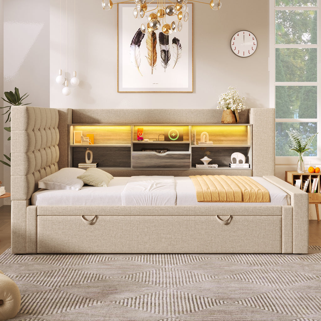 Daybed Upholstered Bed 90 x 190 cm, 3FT Single Sofa Bed with Storage, USB &Type C Charging Station, Pull out Trundle for Living Room and Bedroom, Linen, Beige (No Mattress)