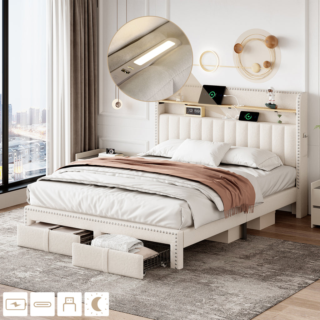 4ft6 Double Upholstered Bed with 2 Storage Drawers, Riveted Storage Bed with Charging and Lighting, Linen Platform Bed Frame No Box Spring Needed, Easy Assembly, Beige (No Mattress)