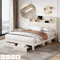 4ft6 Double Upholstered Bed with 2 Storage Drawers, Riveted Storage Bed with Charging and Lighting, Linen Platform Bed Frame No Box Spring Needed, Easy Assembly, Beige (No Mattress)