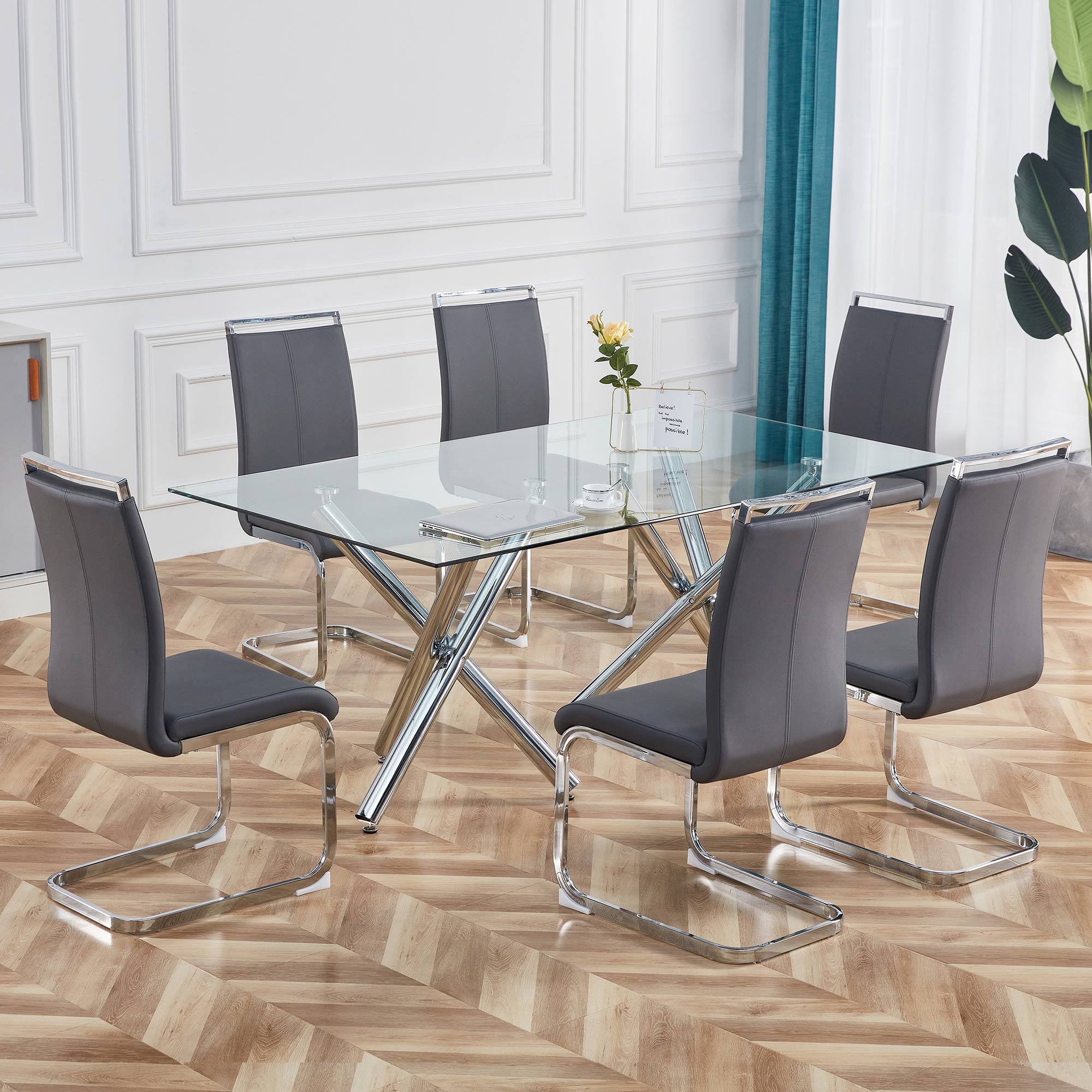 Cantilever chair, chrome-plated metal frame, can hold up to 120 kg, softly padded with imitation leather cover, gray (set, 4 pieces)