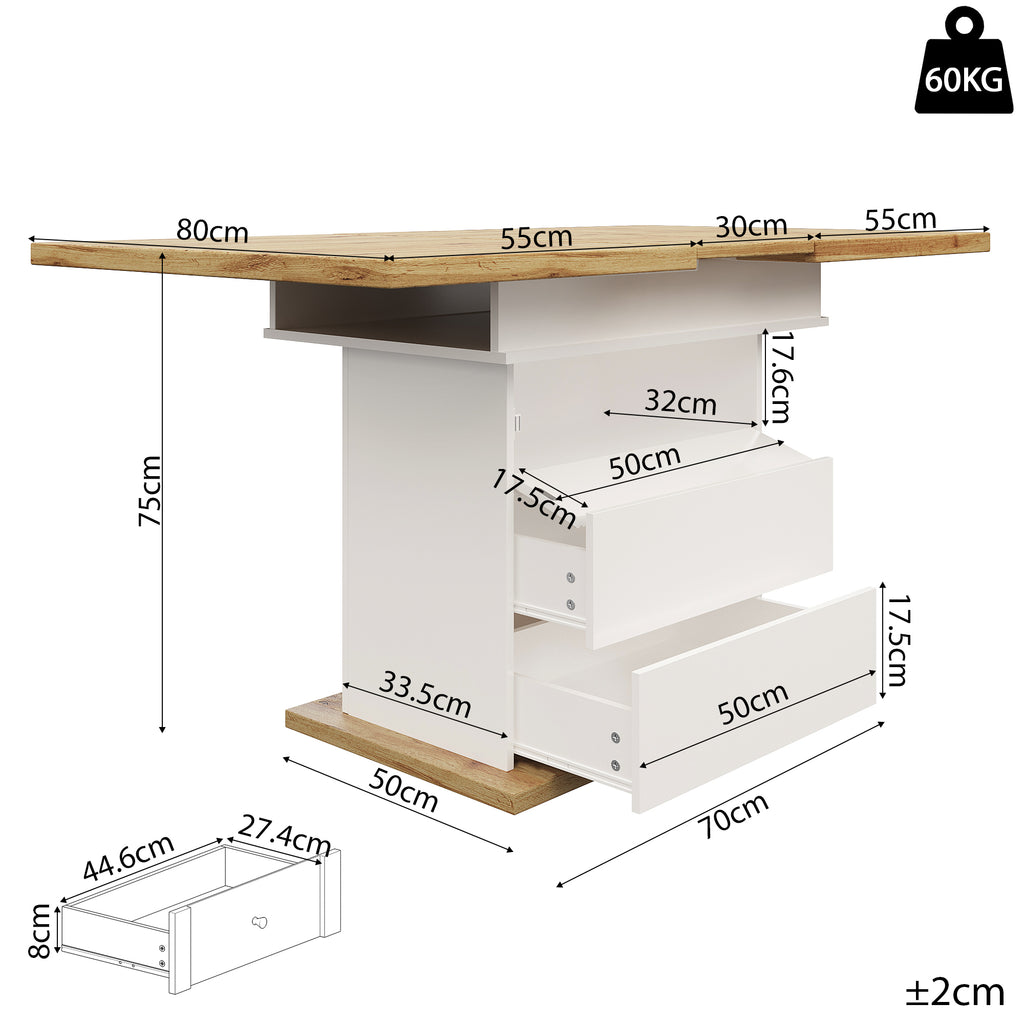 Telescopic dining table (110-140 x 80 cm), foldable kitchen table for 4-6 people, extendable dining table, space-saving kitchen table, for kitchen and living room, dining table with three shelves