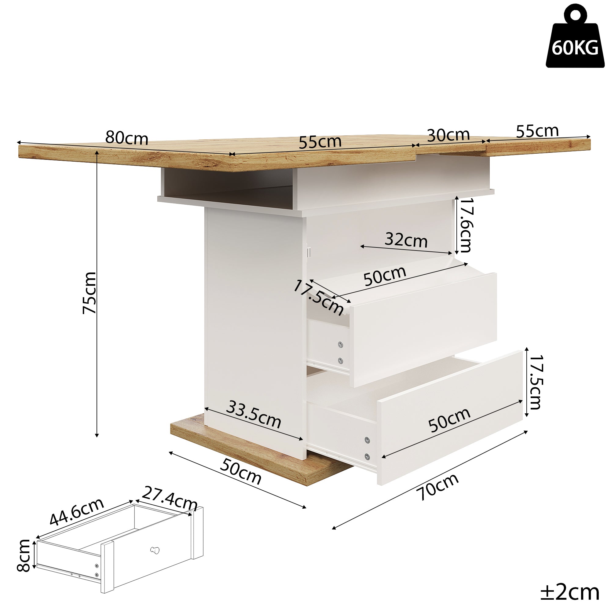 Telescopic dining table (110-140 x 80 cm), foldable kitchen table for 4-6 people, extendable dining table, space-saving kitchen table, for kitchen and living room, dining table with three shelves