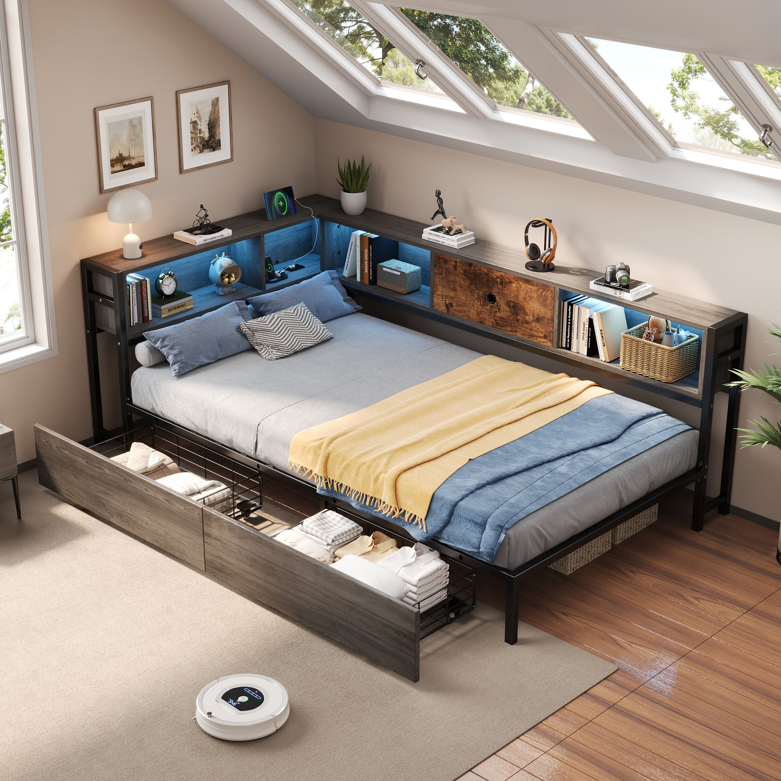 3ft Single Metal and Wood Bed with RGB LED Lights & Charging Station (USB & Type-C), Built-in Shelves and Bedside Storage, Two Storage Drawers, Two Assembly Methods, Grey, Rustic Brown (No Mattress)