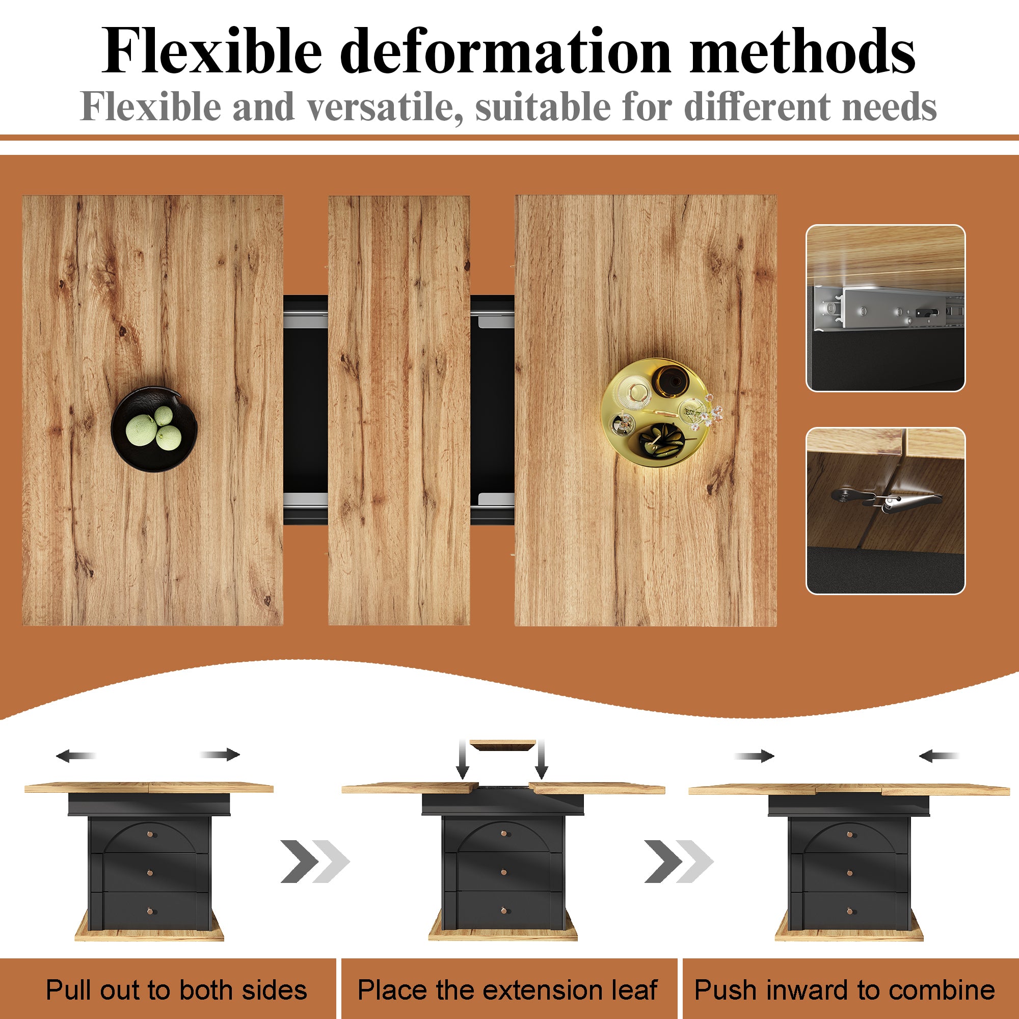 Telescopic dining table (110-140×80 cm), foldable kitchen table for 4-6 people, extendable dining table, space-saving kitchen table, for kitchen and living room, minimalist cabinet door design, black