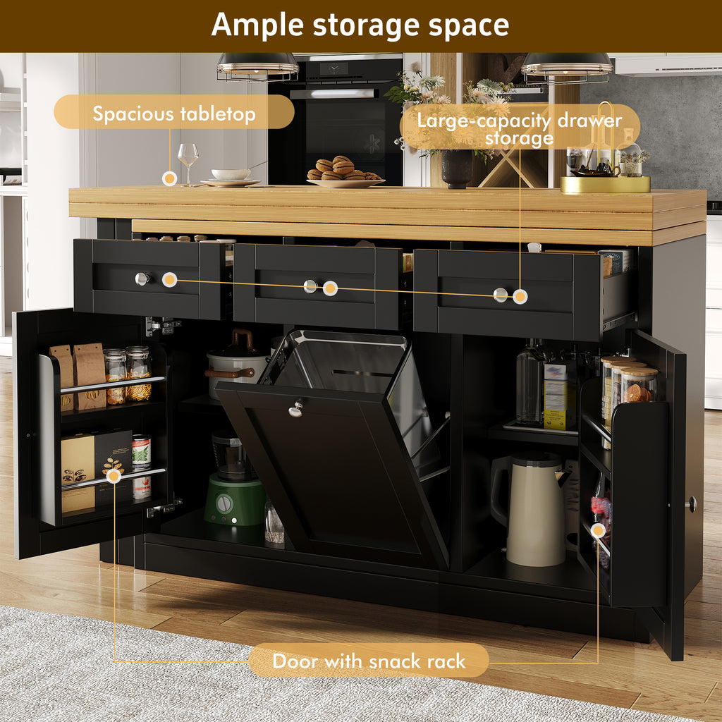 Extendable bar table with storage space, fold-out dining table with drawer and snack tray, pull-out bin holder (bin not included), space-saving design for small flats, kitchens, balconies,
Black