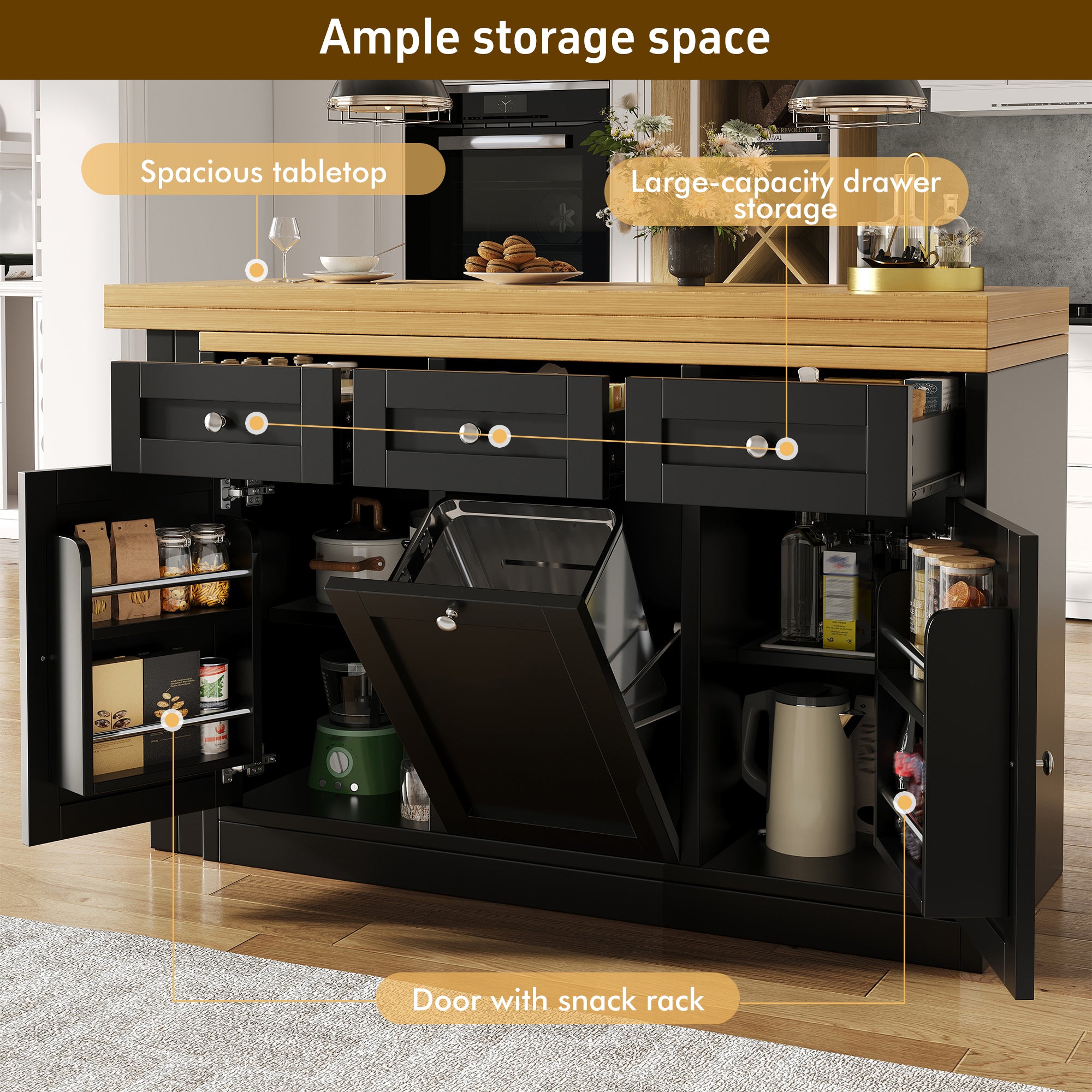 Extendable bar table with storage space, fold-out dining table with drawer and snack tray, pull-out bin holder (bin not included), space-saving design for small flats, kitchens, balconies,
Black