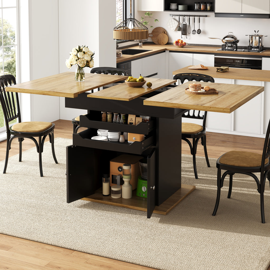 Telescopic dining table (110-140×80cm), foldable kitchen table for 4-6 people, extendable dining table, space-saving kitchen table, table with two drawers and a storage cabinet
