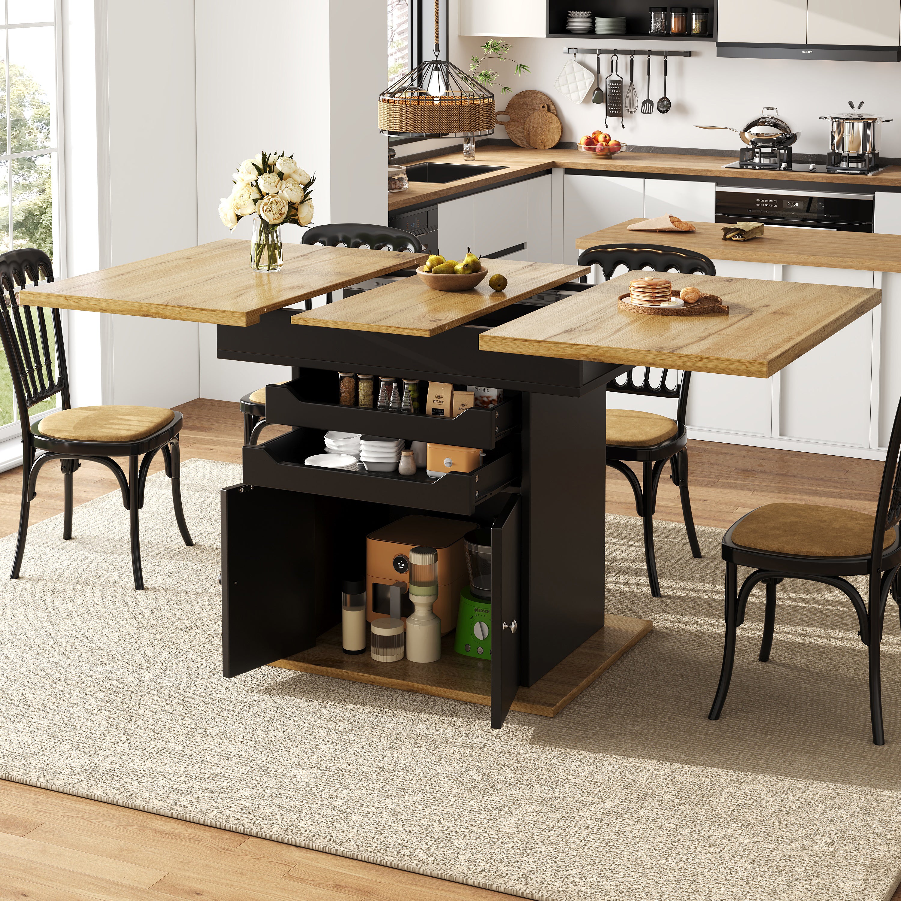 Telescopic dining table (110-140×80cm), foldable kitchen table for 4-6 people, extendable dining table, space-saving kitchen table, table with two drawers and a storage cabinet