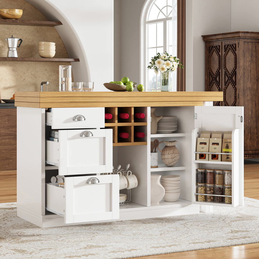 Extendable Sideboard & Dining Table Combo, 3 Drawers & Snack rack & Wine rack, Space-Saving Sideboard for Small Flats, White/Black