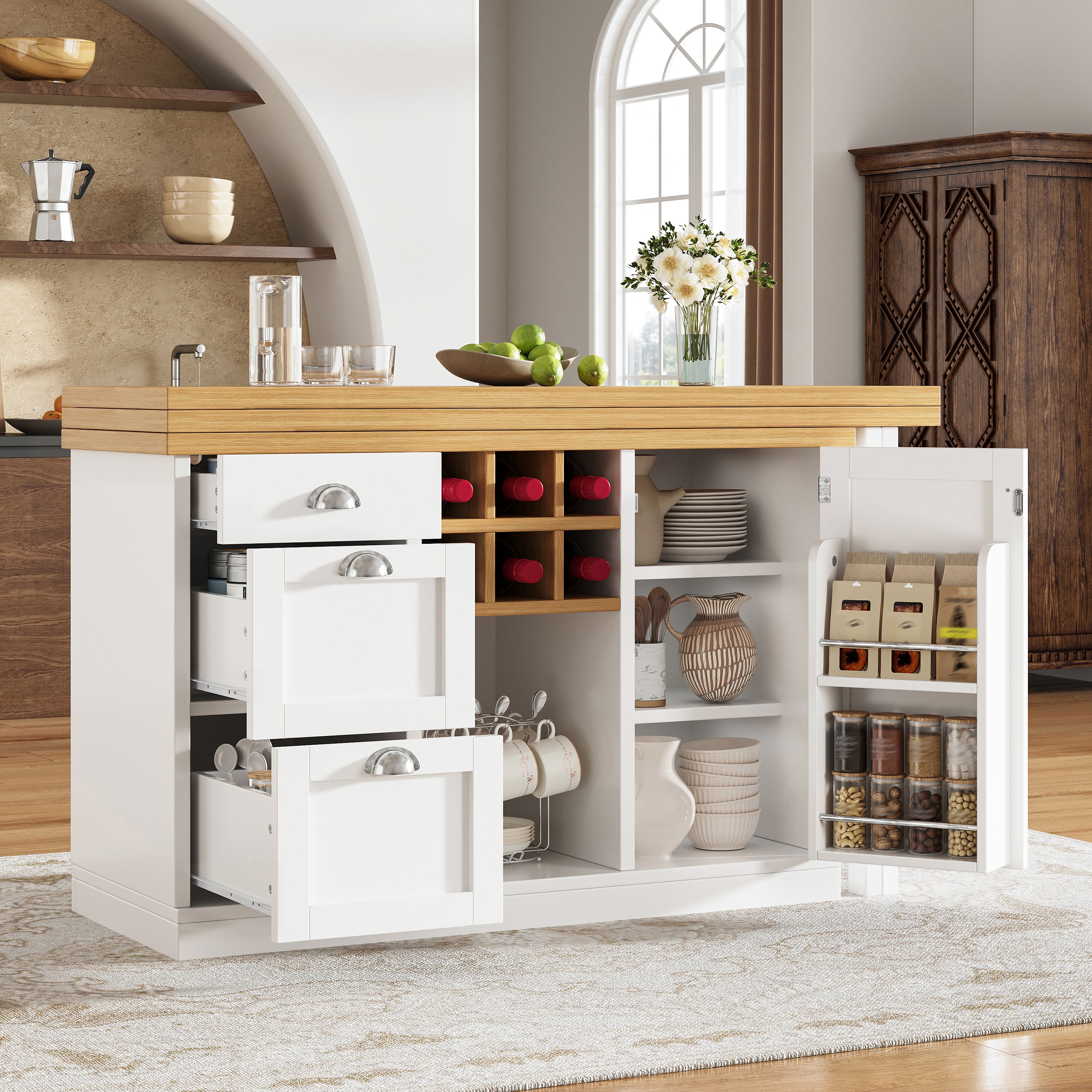 Extendable Sideboard & Dining Table Combo, 3 Drawers & Snack rack & Wine rack, Space-Saving Sideboard for Small Flats, White/Black