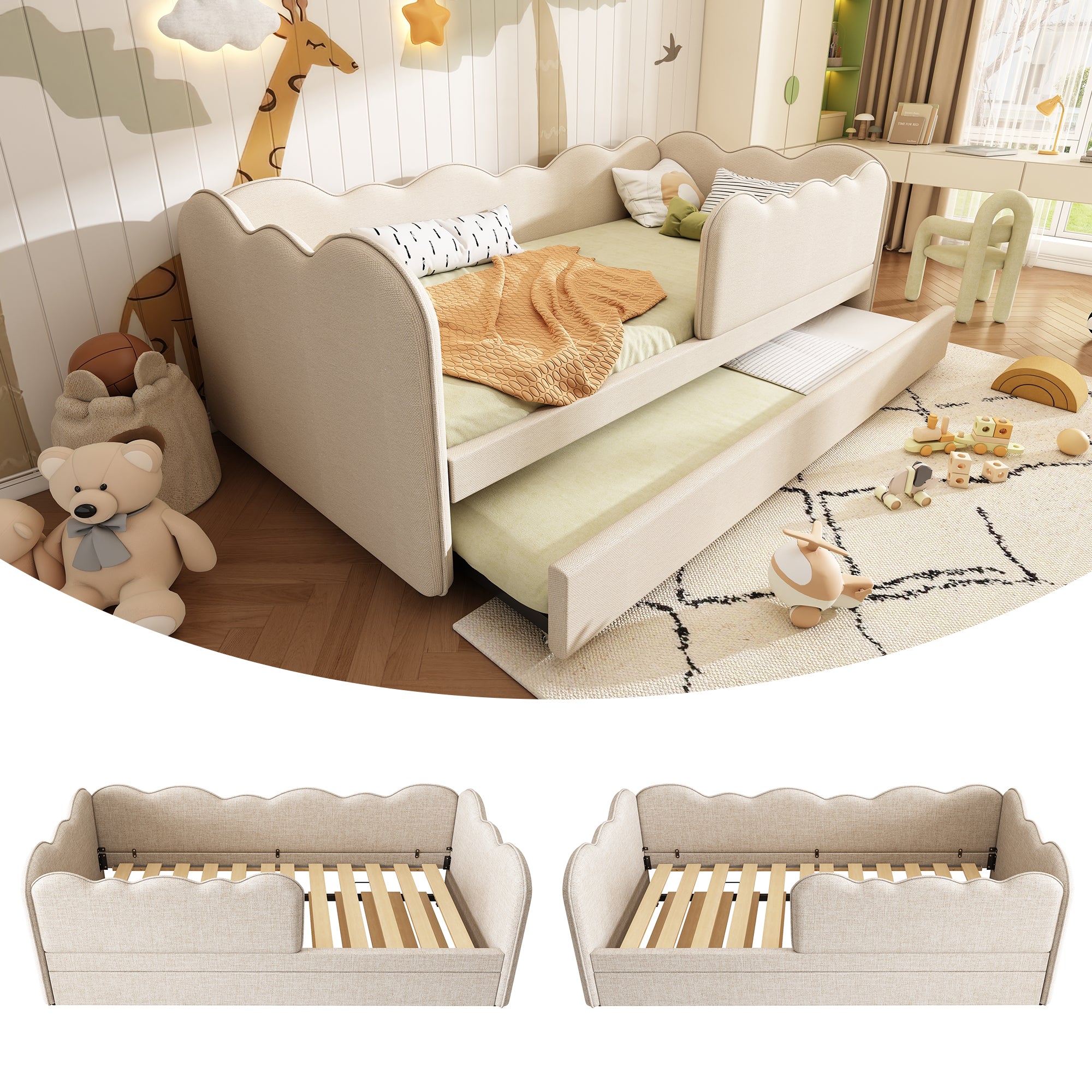 Upholstered Bed Daybed 90 x 190 cm, 3FT Single Bed with Pull out Trundle, Sofa Bed For Adults and Children, Single Daybed With Slatted Frame, Linen, Beige (No Mattress)
