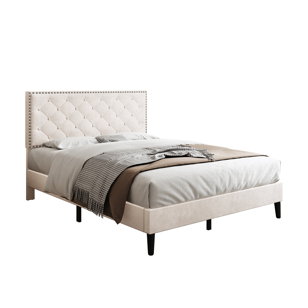 4ft6 Double Upholstered Velvet Bed Frame, with Adjustable Button-Tufted & Riveted Headboard, Velvet Platform Bed Frame with Solid Wood Slat and Mute Foam, No Box Spring Needed, Easy Assembly, Beige