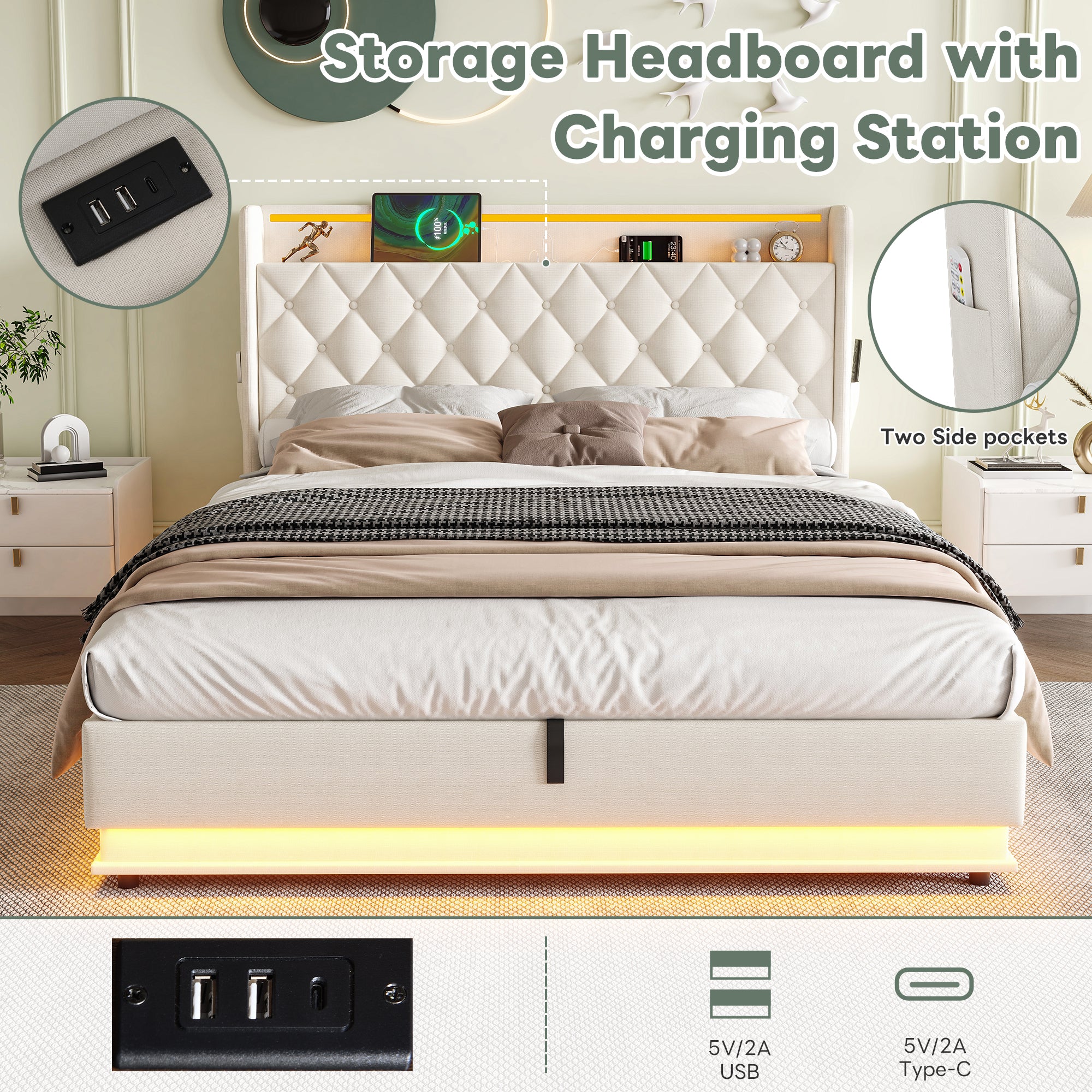 5ft King Upholstered Bed Frame with Hydraulic Storage, Linen Ottoman Bed with LED Lighting and Charging Station, LED Button Tufted Headboard with USB and Type - C Ports, No Box Spring Needed, Beige