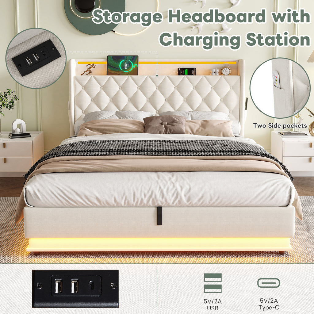 4ft6 Double Upholstered Bed Frame with Hydraulic Storage, Linen Ottoman Bed with LED Lighting and Charging Station, LED Button Tufted Headboard with USB and Type - C Ports, No Box Spring Needed, Beige