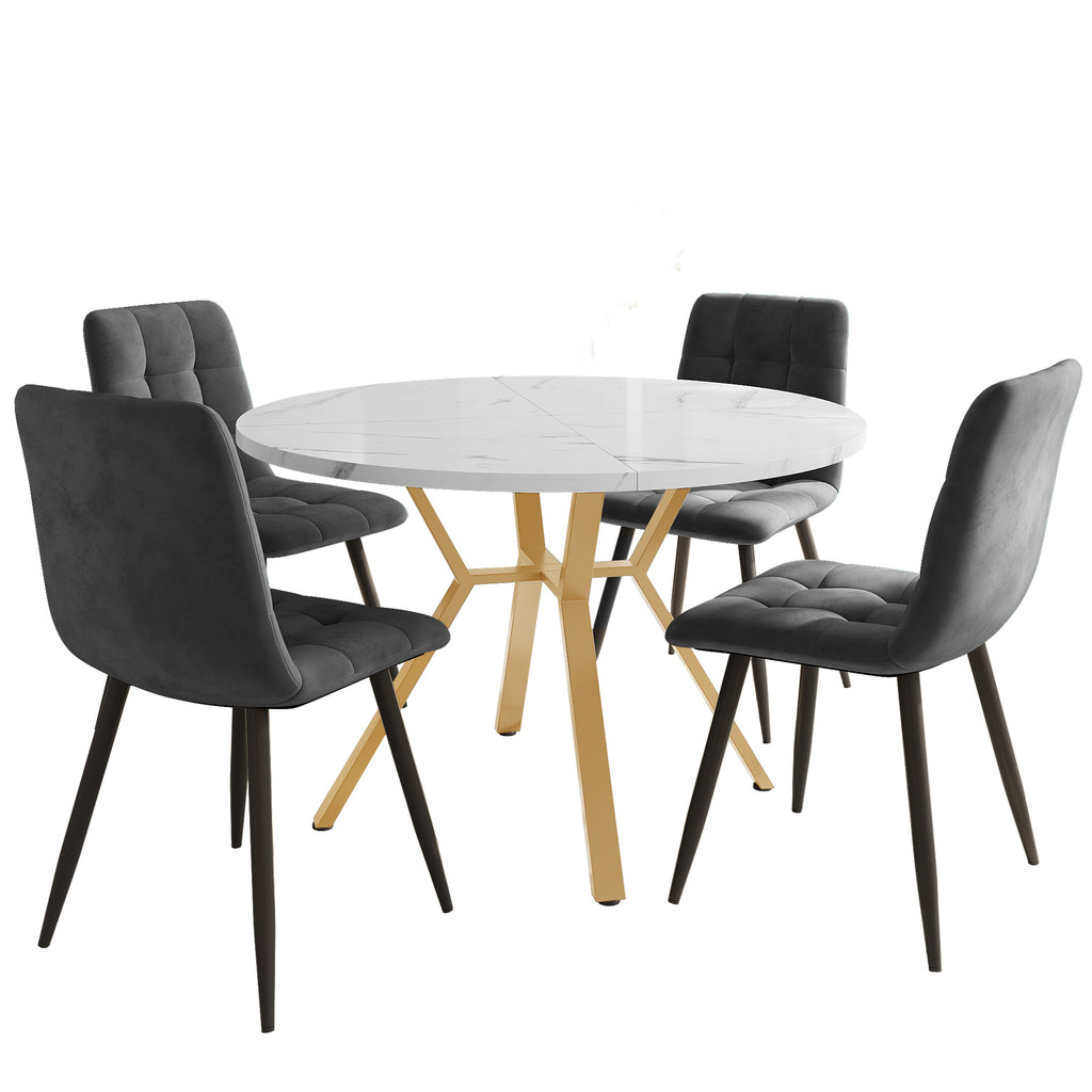 Dining table set, dining table and chair set (5-piece), modern, simple round marble dining table and chair set, gold-coloured metal table legs + 4 ergonomic velvet chairs, gray dining chairs