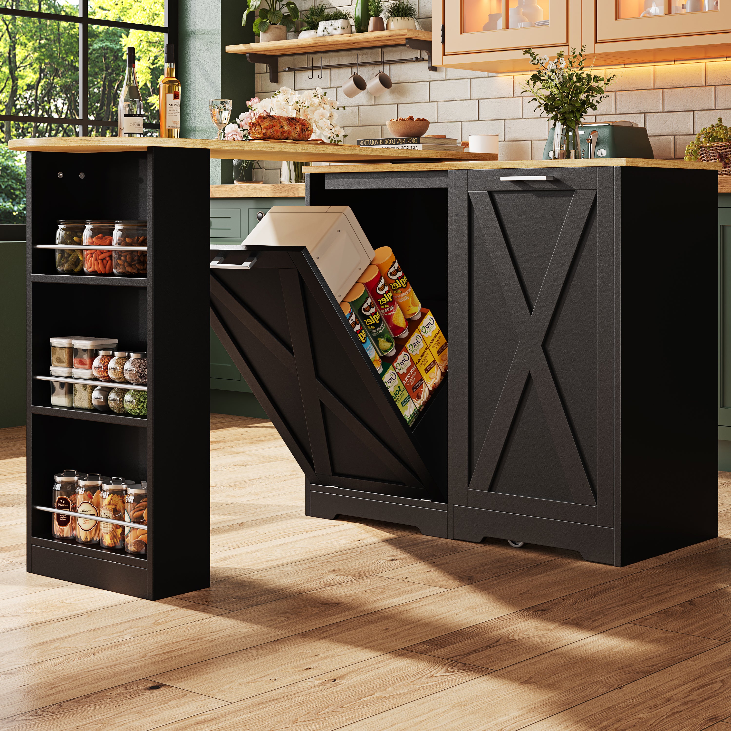 360° Rotating Kitchen Island, Modern Minimalist, Multifunctional Storage Cabinet, Ideal for Bedroom Living Room Dining Room, Swivel Sideboard with Side Shelves, Black Finish, Folding Door Design