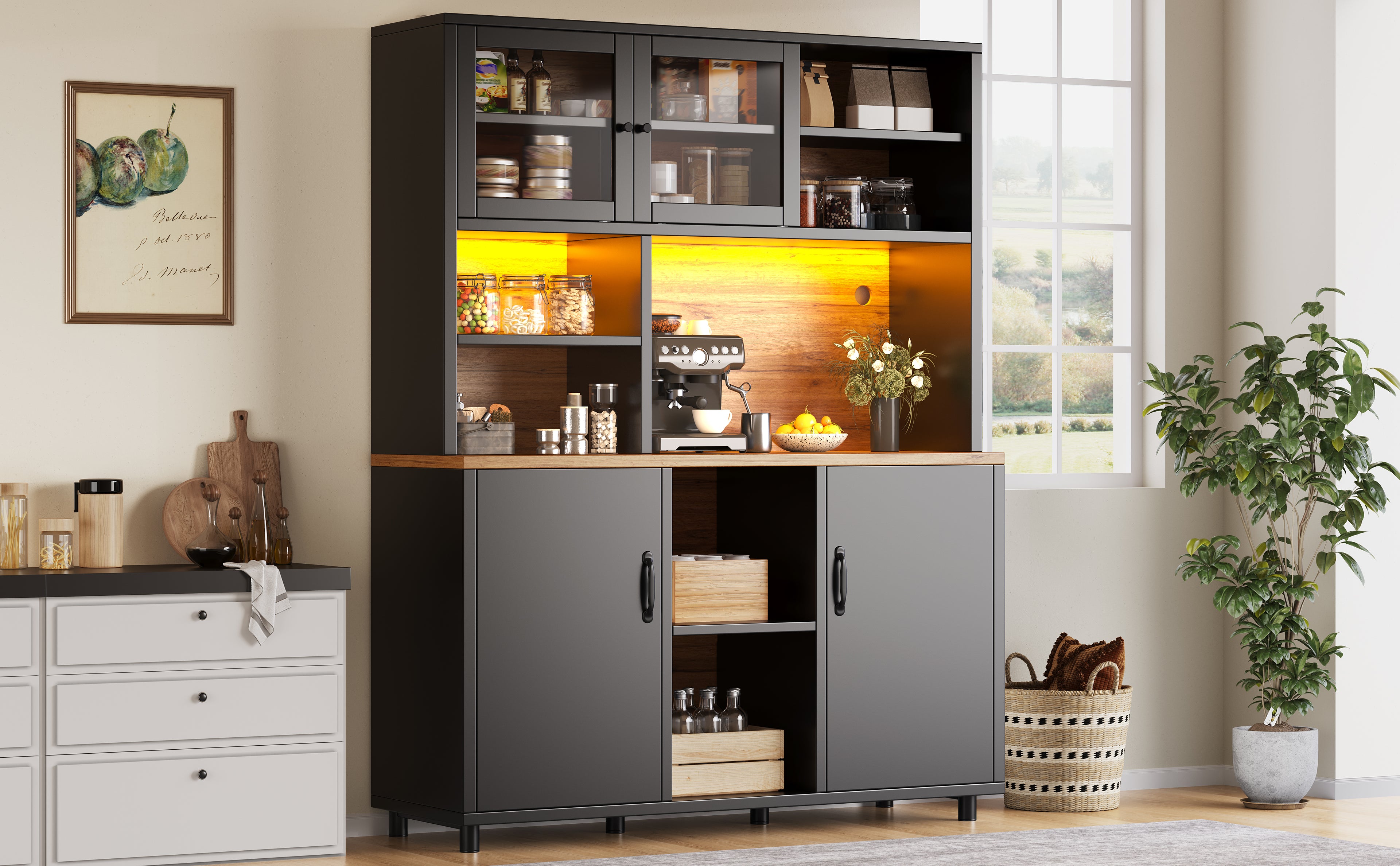 Tall cabinets for the living room, kitchen cabinet, dining room cabinet, cabinets with LED lighting, cabinet door with snack shelf, retro style, black