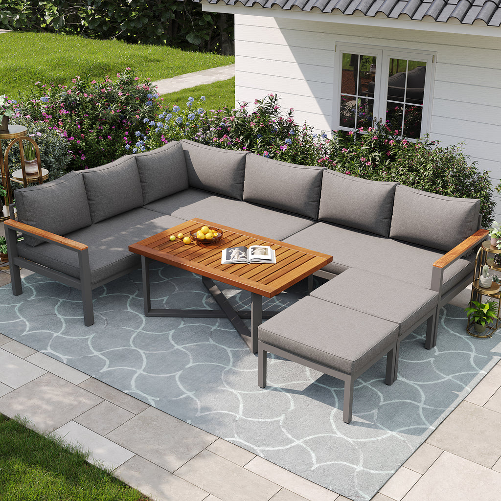 Outdoor Patio&Backyard Furniture Garden Lounge Set for 7-8 people, Thick Quality Space Saving L-Shaped Corner Sofa with Wooden Coffee Table and 2 Stool Table Box, Grey