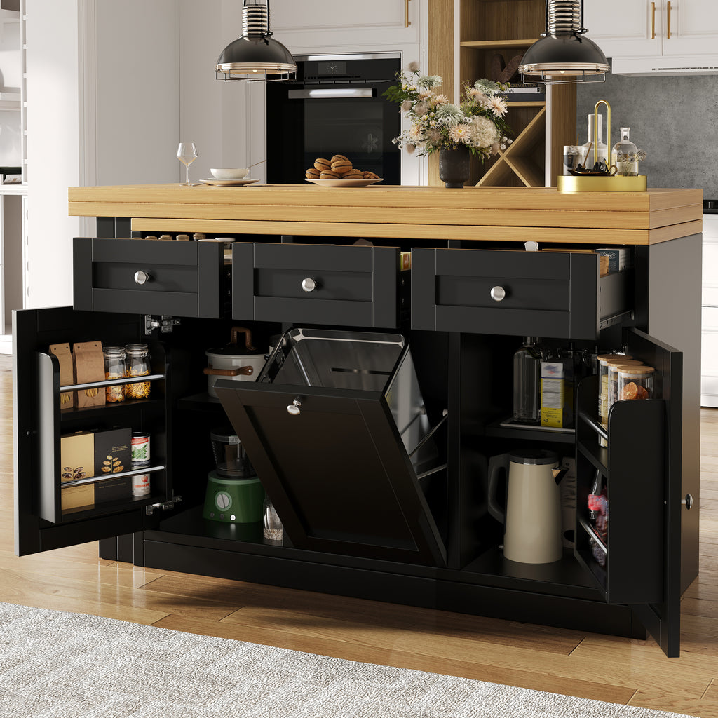 Extendable bar table with storage space, fold-out dining table with drawer and snack tray, pull-out bin holder (bin not included), space-saving design for small flats, kitchens, balconies,
Black