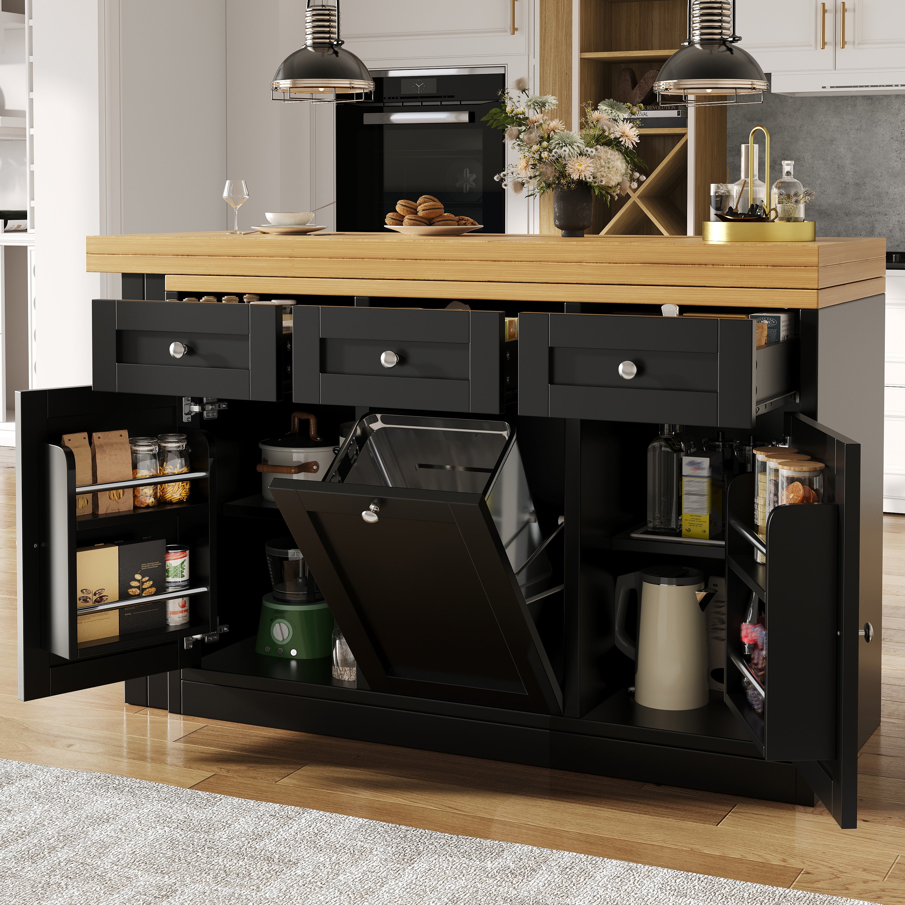 Extendable bar table with storage space, fold-out dining table with drawer and snack tray, pull-out bin holder (bin not included), space-saving design for small flats, kitchens, balconies,
Black