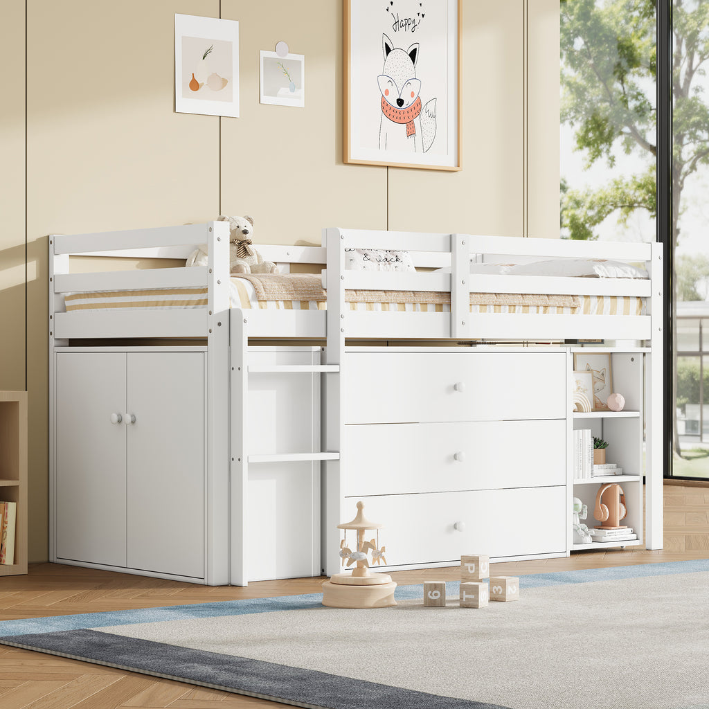 3ft Single Modern Wood Bed with Pull-out Desk, Wooden Children's Cabin Bed with 3 Drawers, Storage Cabinet & Shelves, Flexible Two-way Installation, Space-saving Loft Bed, White (No Mattress)