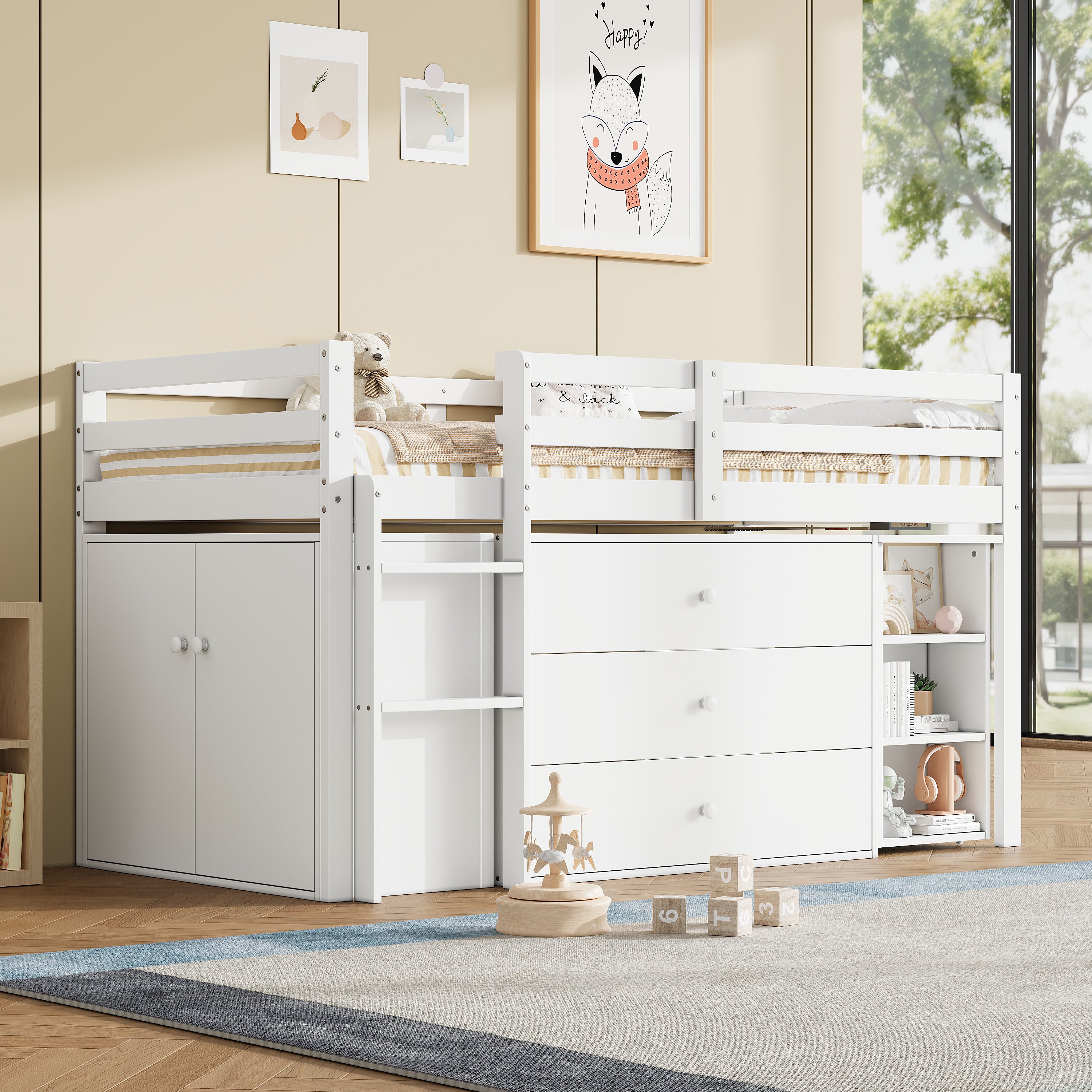3ft Single Modern Wood Bed with Pull-out Desk, Wooden Children's Cabin Bed with 3 Drawers, Storage Cabinet & Shelves, Flexible Two-way Installation, Space-saving Loft Bed, White (No Mattress)