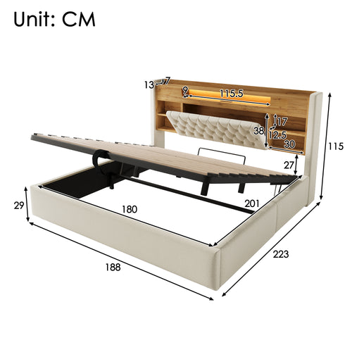 6ft Super King Bed with Hydraulic Storage, Upholstered Bed Frame with LED Lighting & Charging Station, Storage Headboard for Cellphones & Tablets, 180 x 200 cm, Linen, Beige (No Mattress)