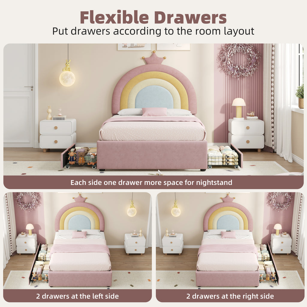 3ft Single Upholstered Bed with Adjustable Rainbow Crown Headboard, Soft Velvet Bed Frame with Flexible Storage Drawers, No Box Spring Needed, Pink (No Mattress)