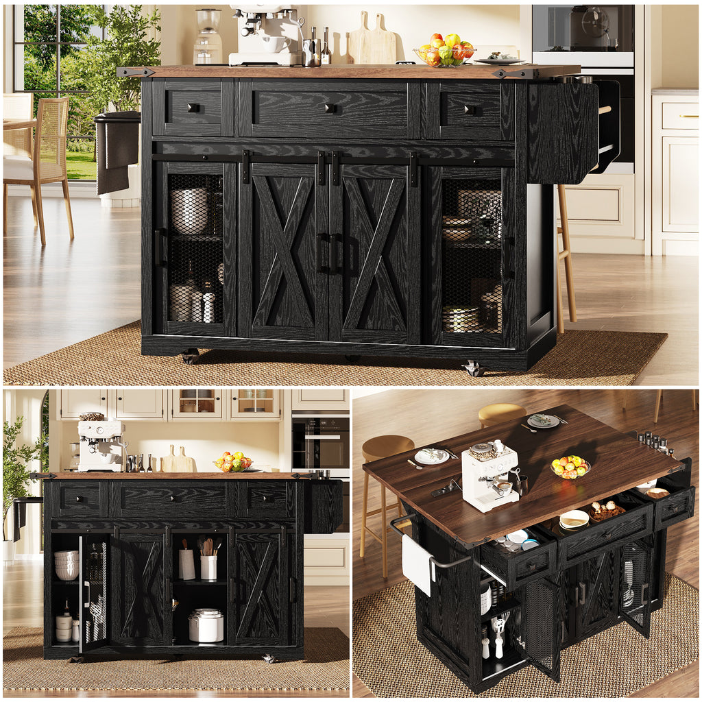 Kitchen island trolley with extendable worktop and power connection, 91cm working height, white/black, load capacity up to 75kg