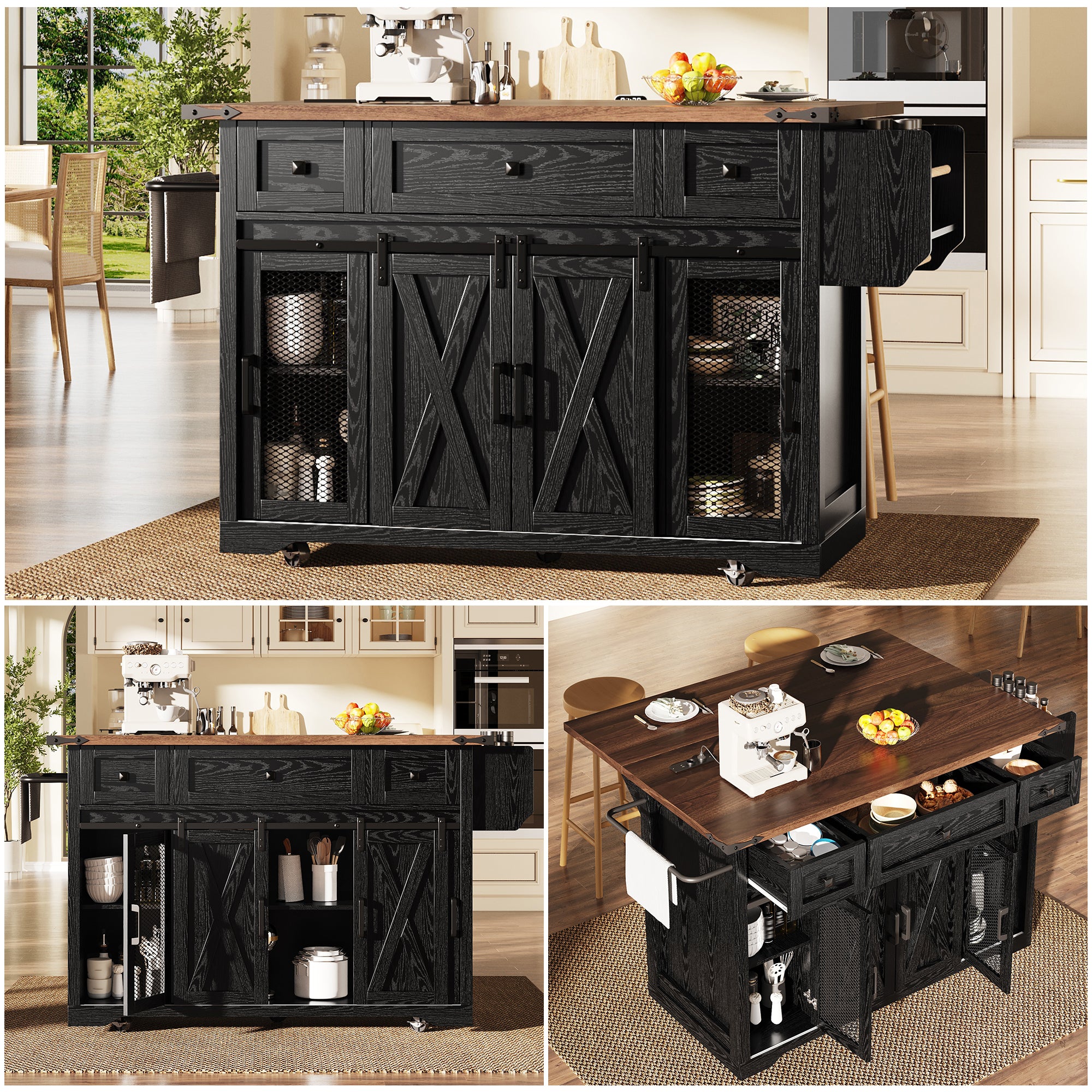 Kitchen island trolley with extendable worktop and power connection, 91cm working height, white/black, load capacity up to 75kg