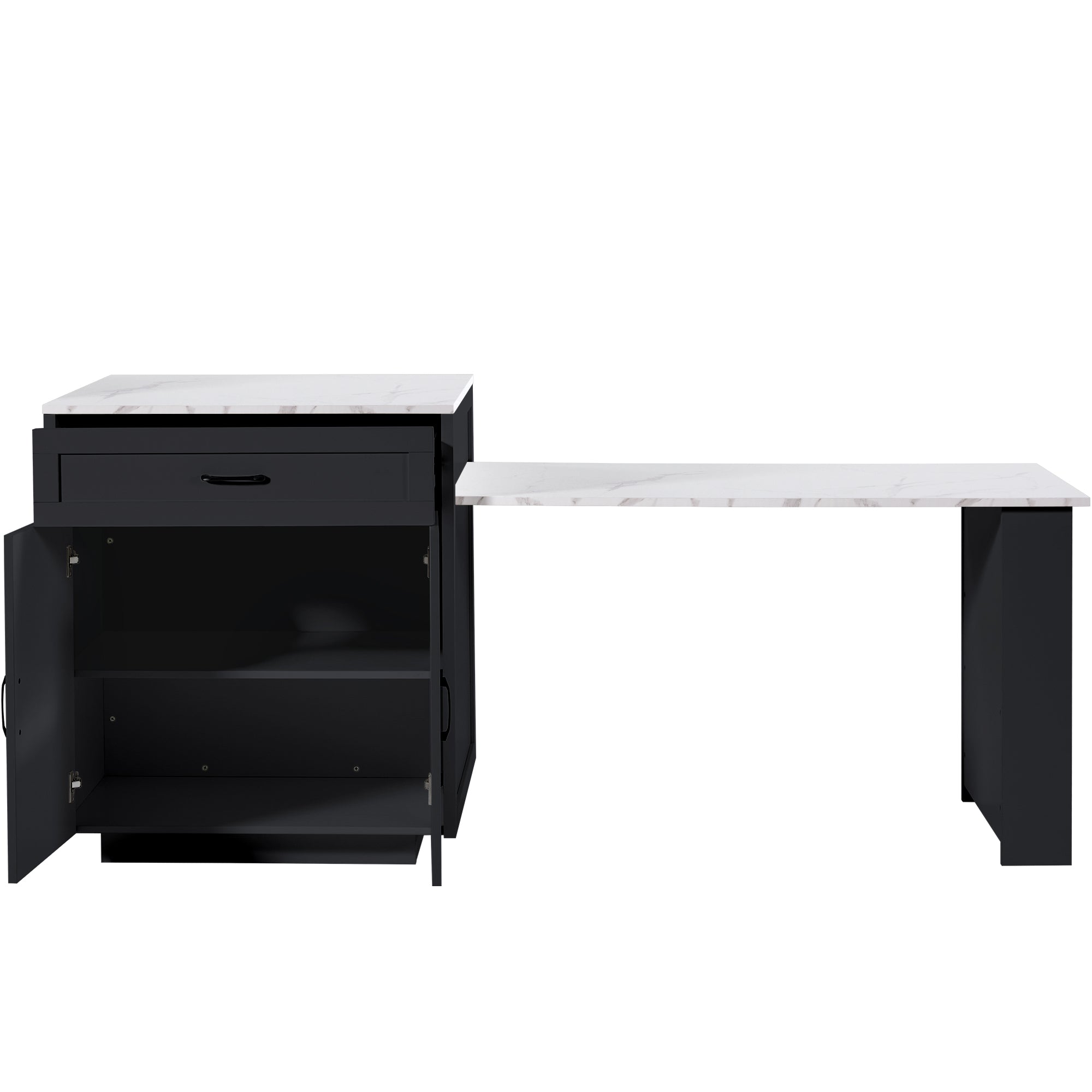 Extendable Bar Table with Storage (133–202 × 70 × 93.5 cm), with Two Drawers and Four Compartments, Expandable Kitchen Island Table for 2–6 People, Kitchen Dining Cart with Side Shelves, Black.