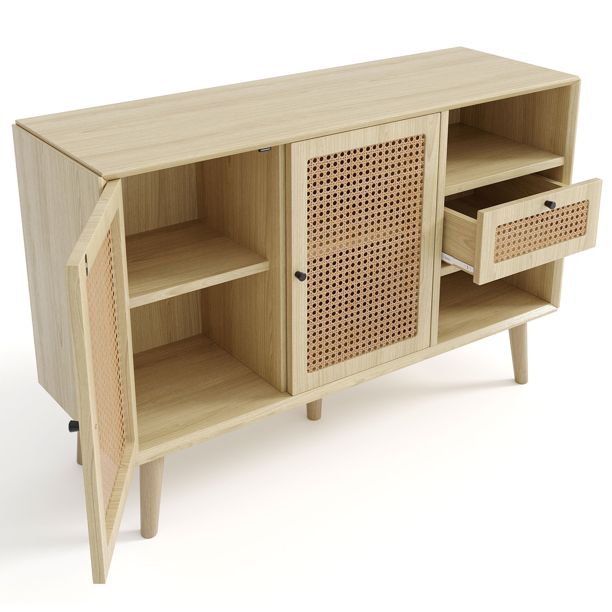 Modern simple sideboard 120*40*80cm, light-colored wooden woven door design, with drawers and unique legs, creating a warm and comfortable home atmosphere