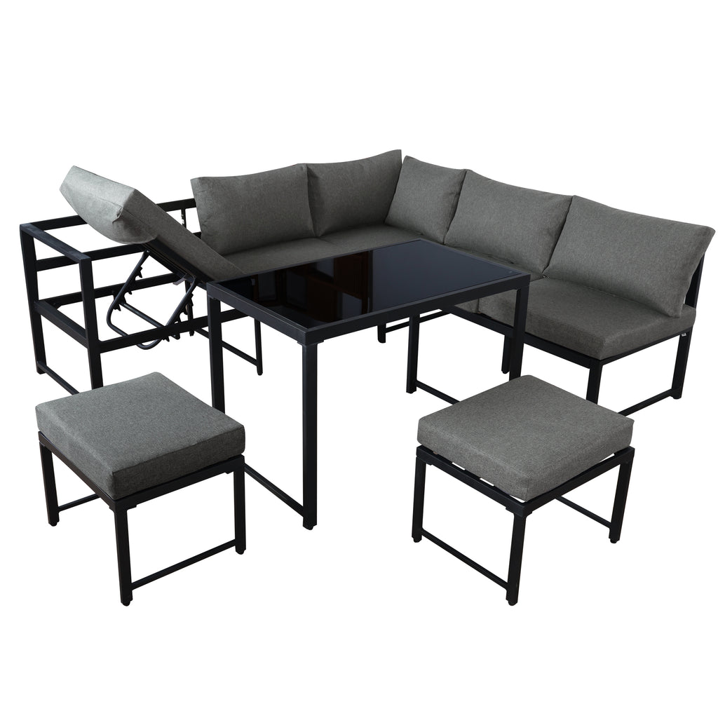 Outdoor Garden Lounge Sofa Seating Set, Garden Balcony Furniture with Reclining Function, Backrest Adjustable in Four Directions, Includes All Soft Seat Cushions and Backrest, Grey
