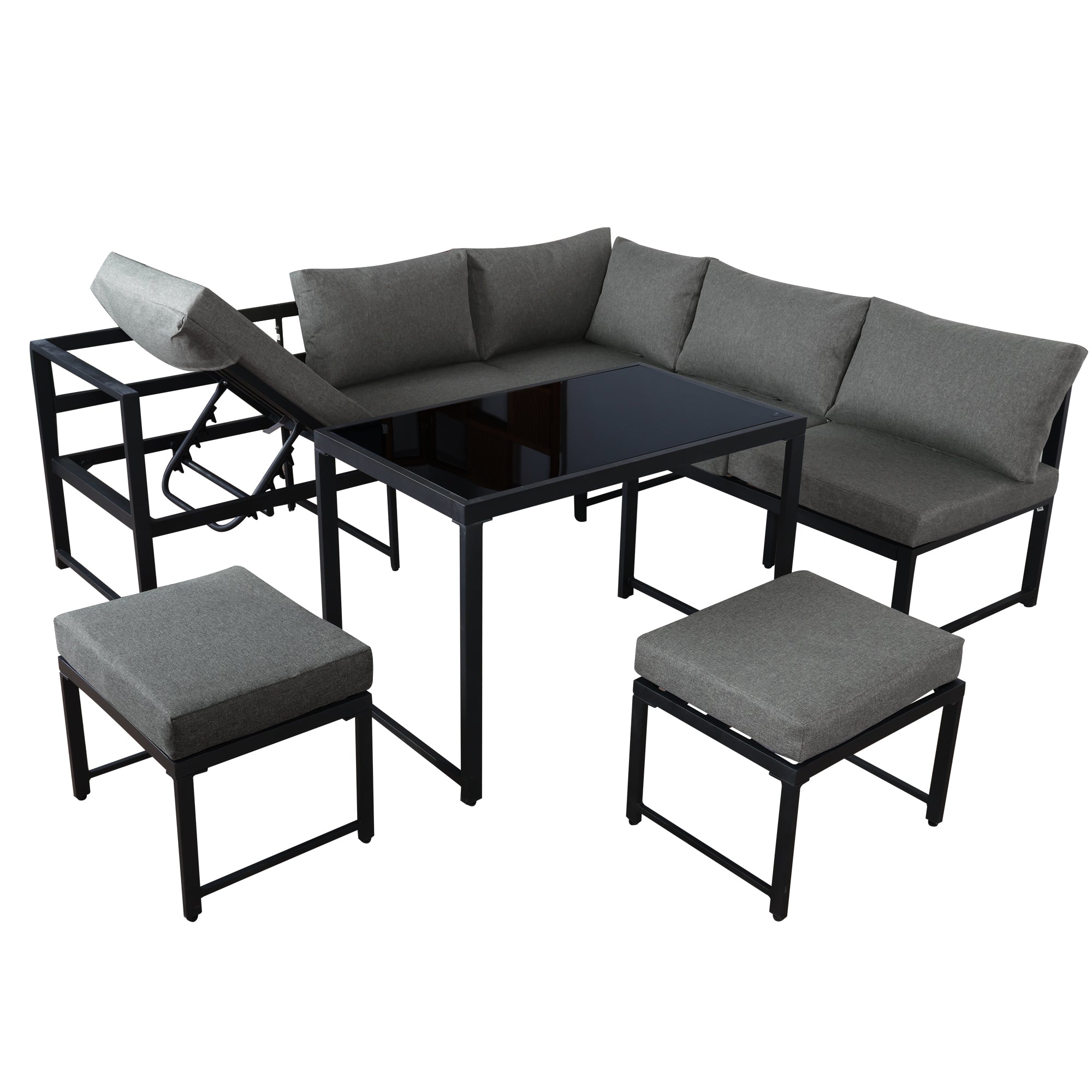Outdoor Garden Lounge Sofa Seating Set, Garden Balcony Furniture with Reclining Function, Backrest Adjustable in Four Directions, Includes All Soft Seat Cushions and Backrest, Grey