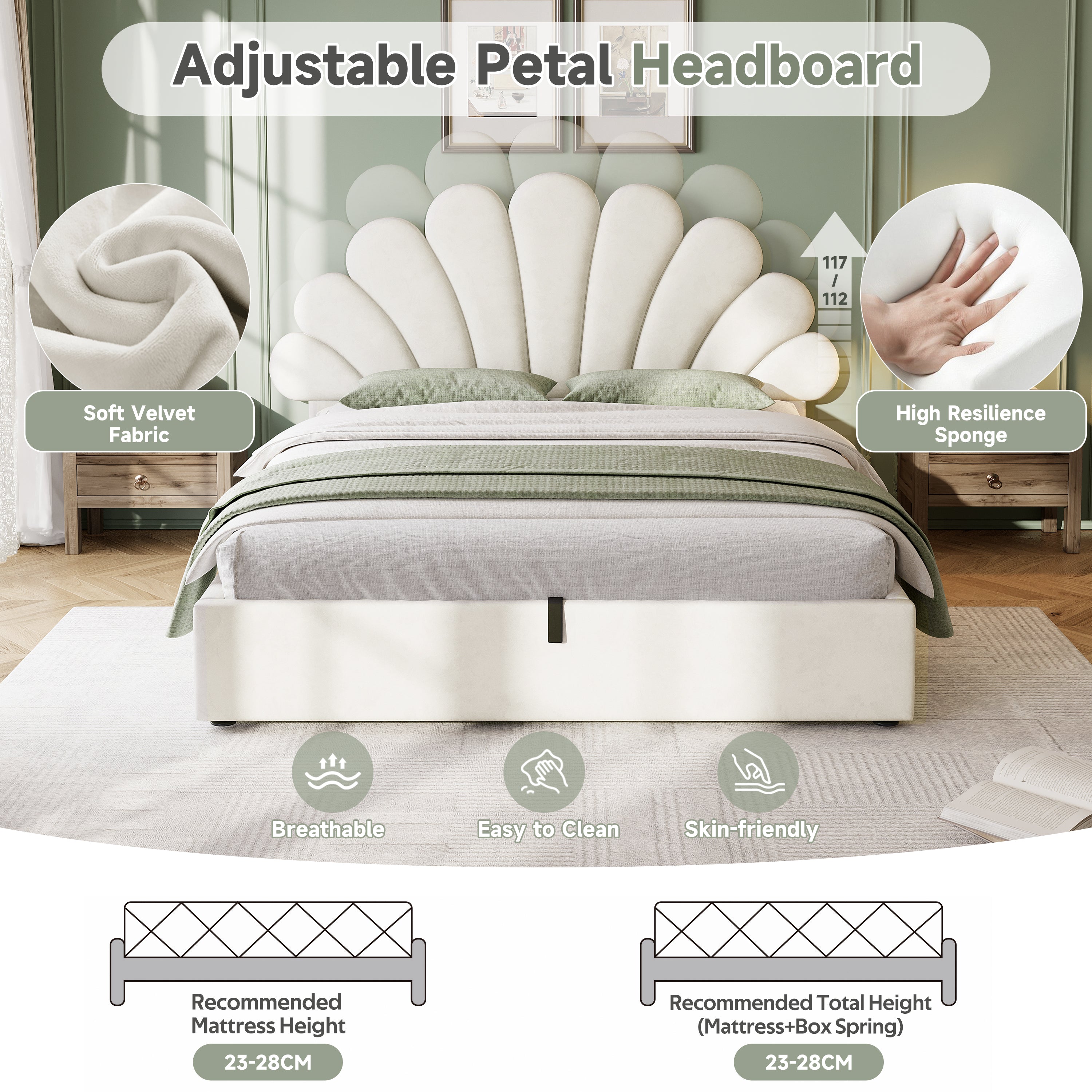 4ft6 Double Upholstered Hydraulic Bed with Adjustable Chic Petal Headboard, Soft Velvet Bed Frame with Hydraulic Storage, Petal Bed with Solid Wood Slat, No Box Spring Needed, Beige (No Mattress)