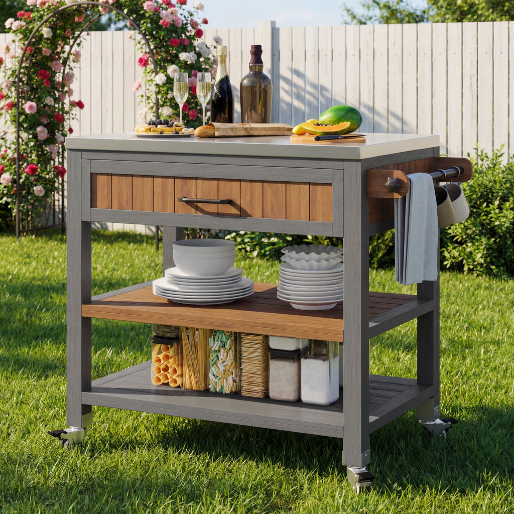 Garden cabinet with wheels and stainless steel worktop – Mobile tool cabinet with drawer and shelf, weatherproof sideboard with double shelf and towel rack, barbecue station for patio