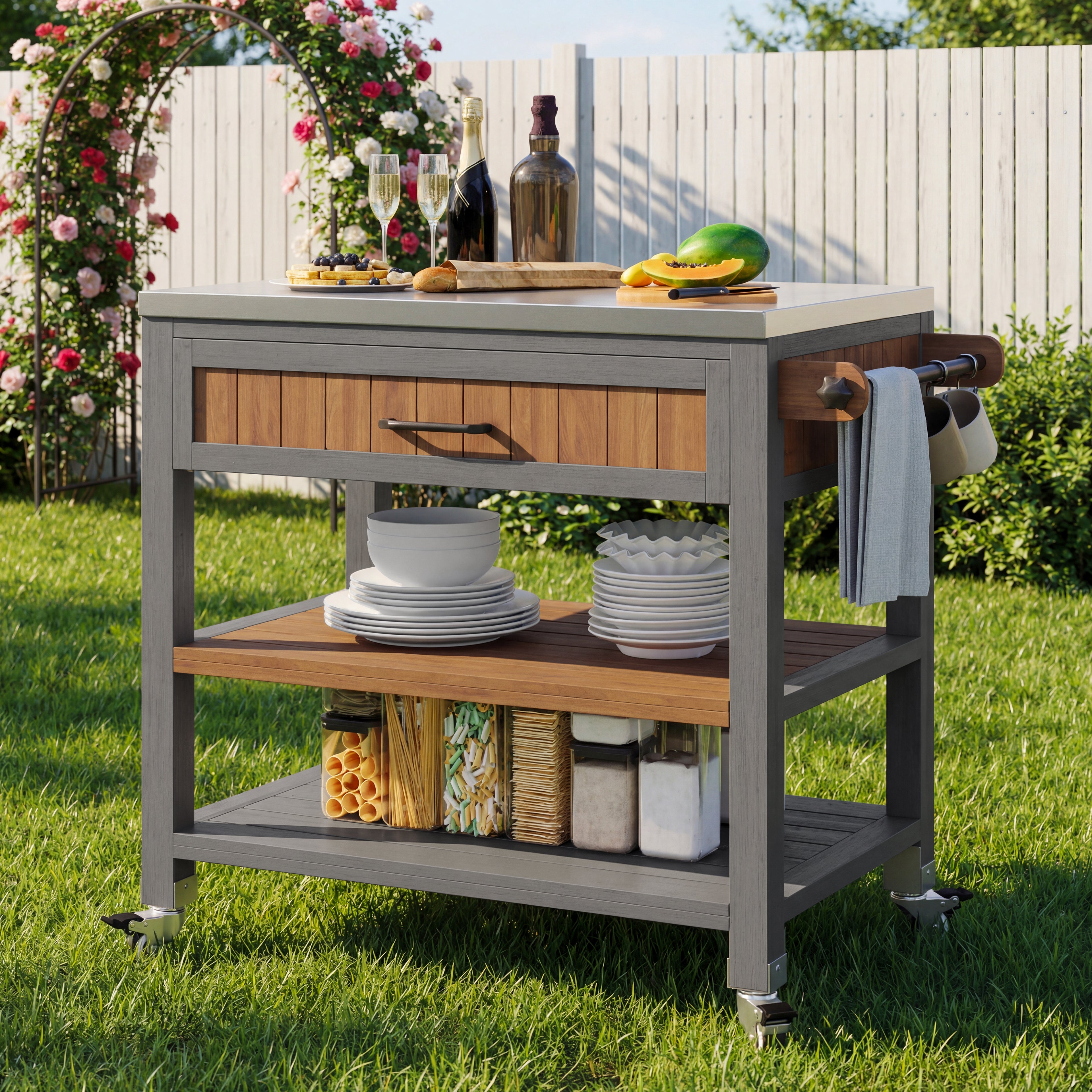 Garden cabinet with wheels and stainless steel worktop – Mobile tool cabinet with drawer and shelf, weatherproof sideboard with double shelf and towel rack, barbecue station for patio