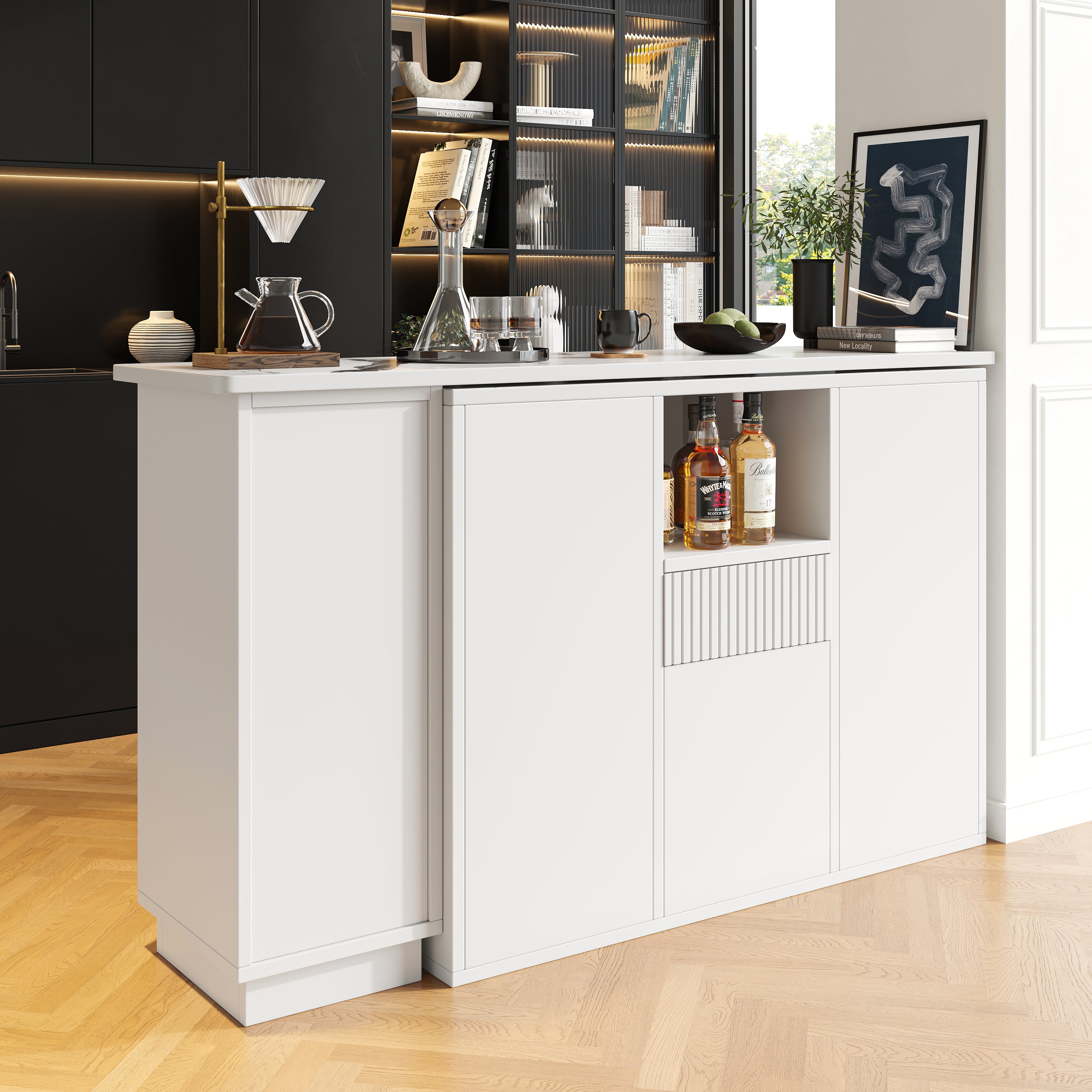 360° swivelling bar table (main body 198.5 x 30 x 75 cm), modern and sleek design, with open storage space and marble worktop, suitable for kitchen, living room and dining room, white