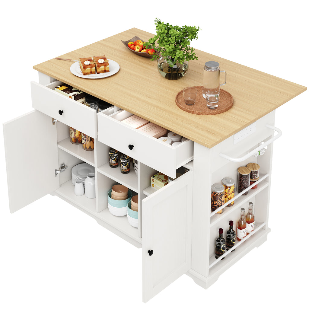 Kitchen island, kitchen trolley equipped with power strip, kitchen cabinet, serving trolley with worktop, buffet cabinet, dining trolley with wood grain, white