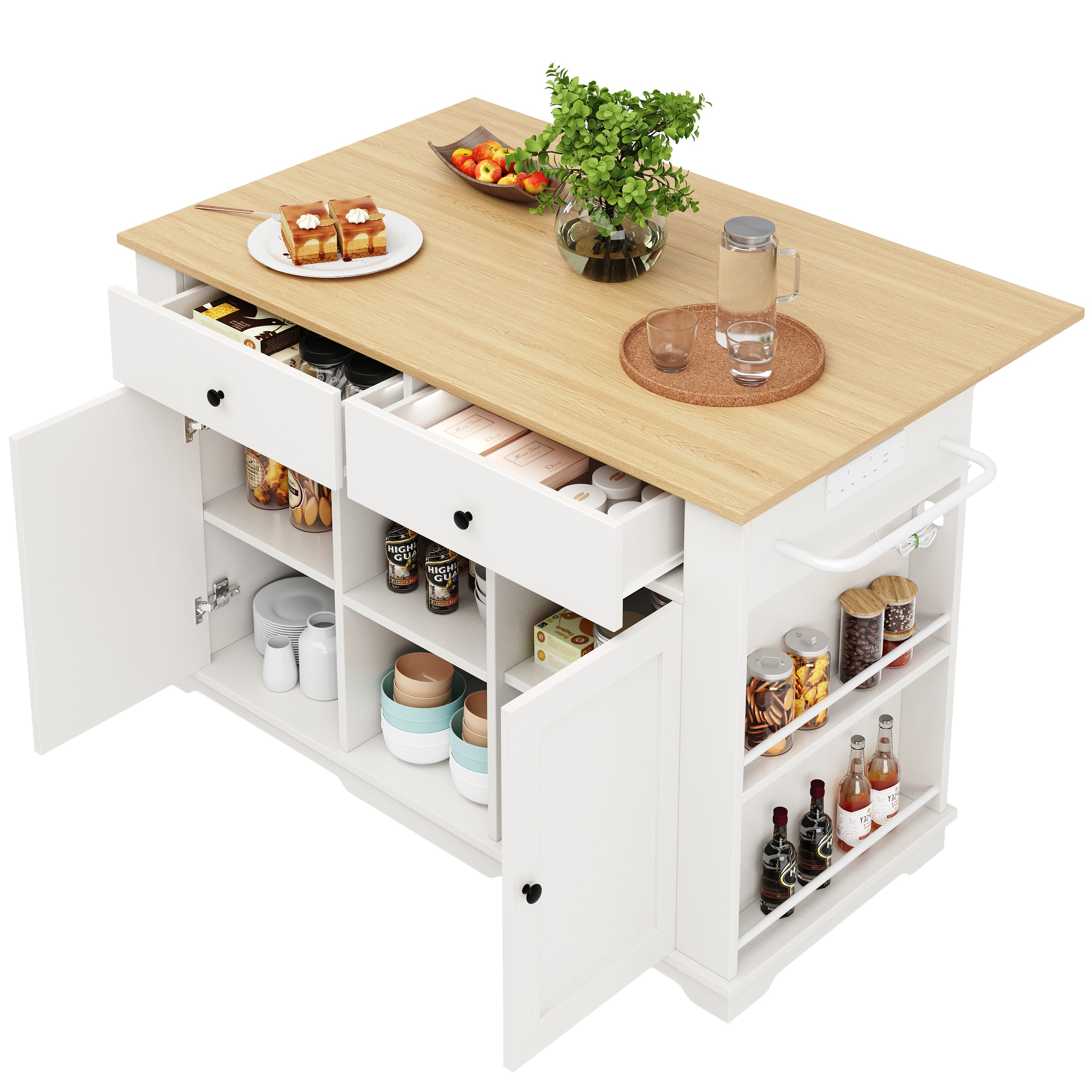 Kitchen island, kitchen trolley equipped with power strip, kitchen cabinet, serving trolley with worktop, buffet cabinet, dining trolley with wood grain, white